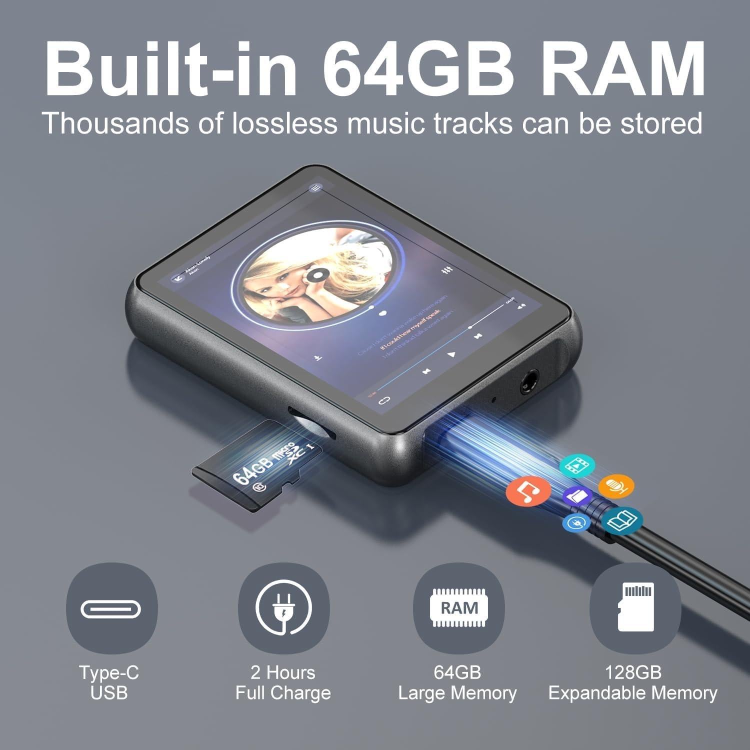 Reproductor MP3 KeenPlus 64GB Bluetooth 5.3 Pantalla Táctil 2.4"