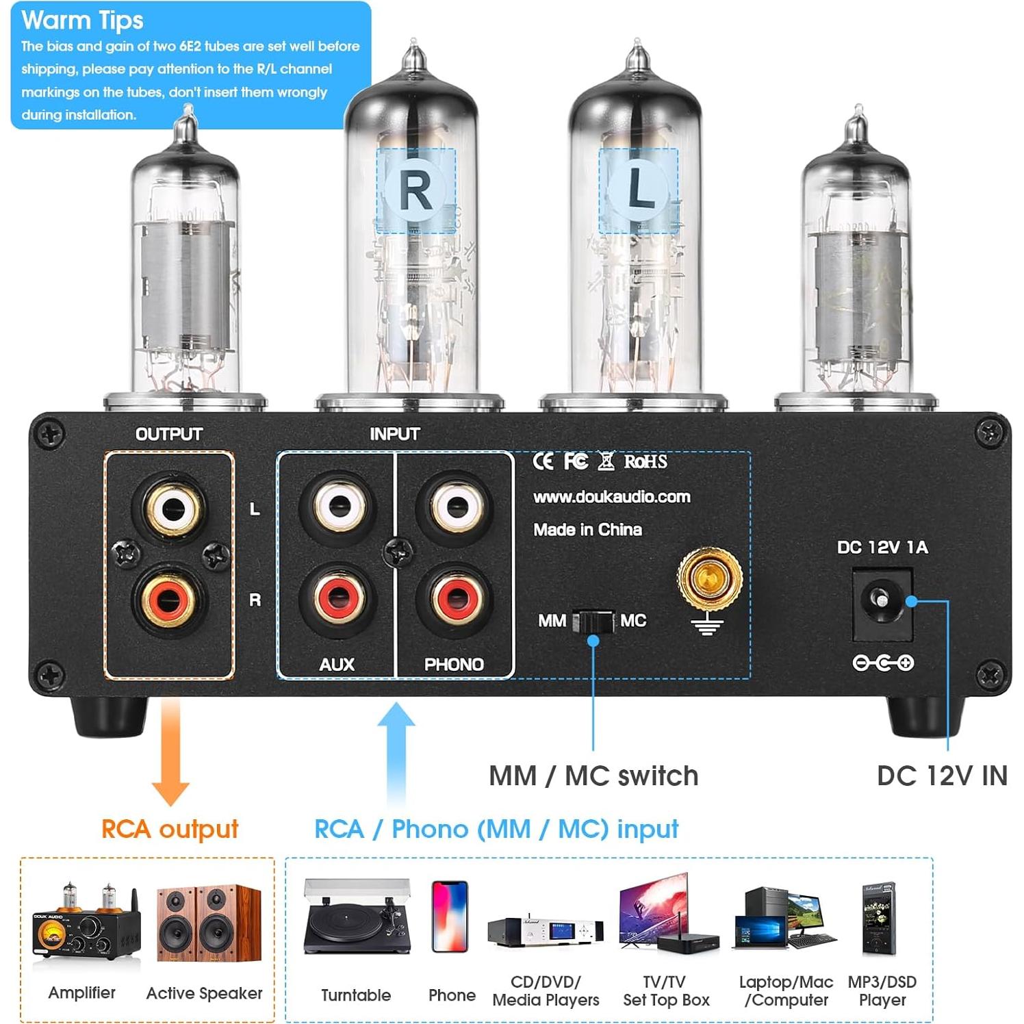 Douk Audio T9 Previo de Fono de Válvula Estéreo con Auriculares