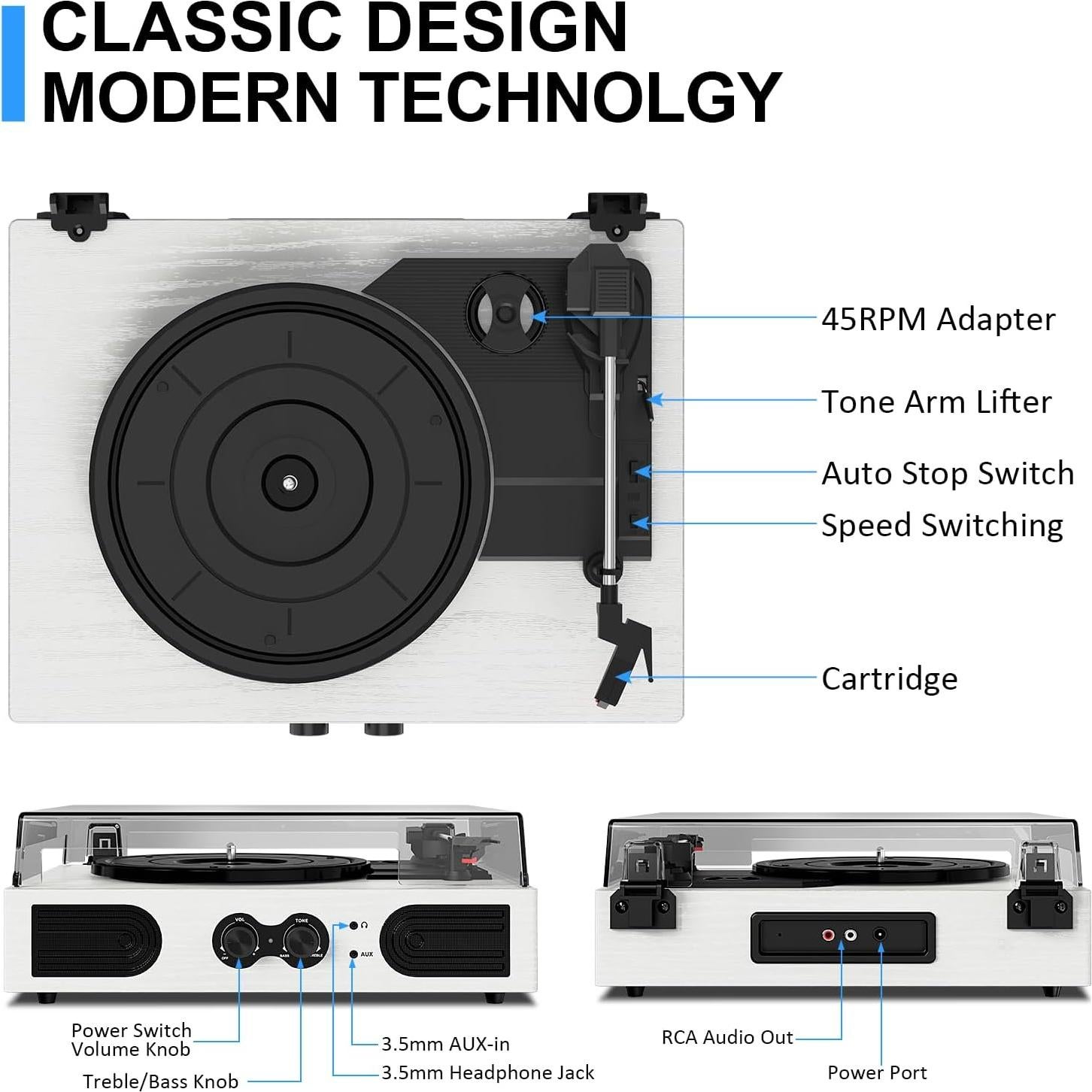 Reproductor de Vinilo TANLANIN TE-2030WT Bluetooth 3 Velocidades