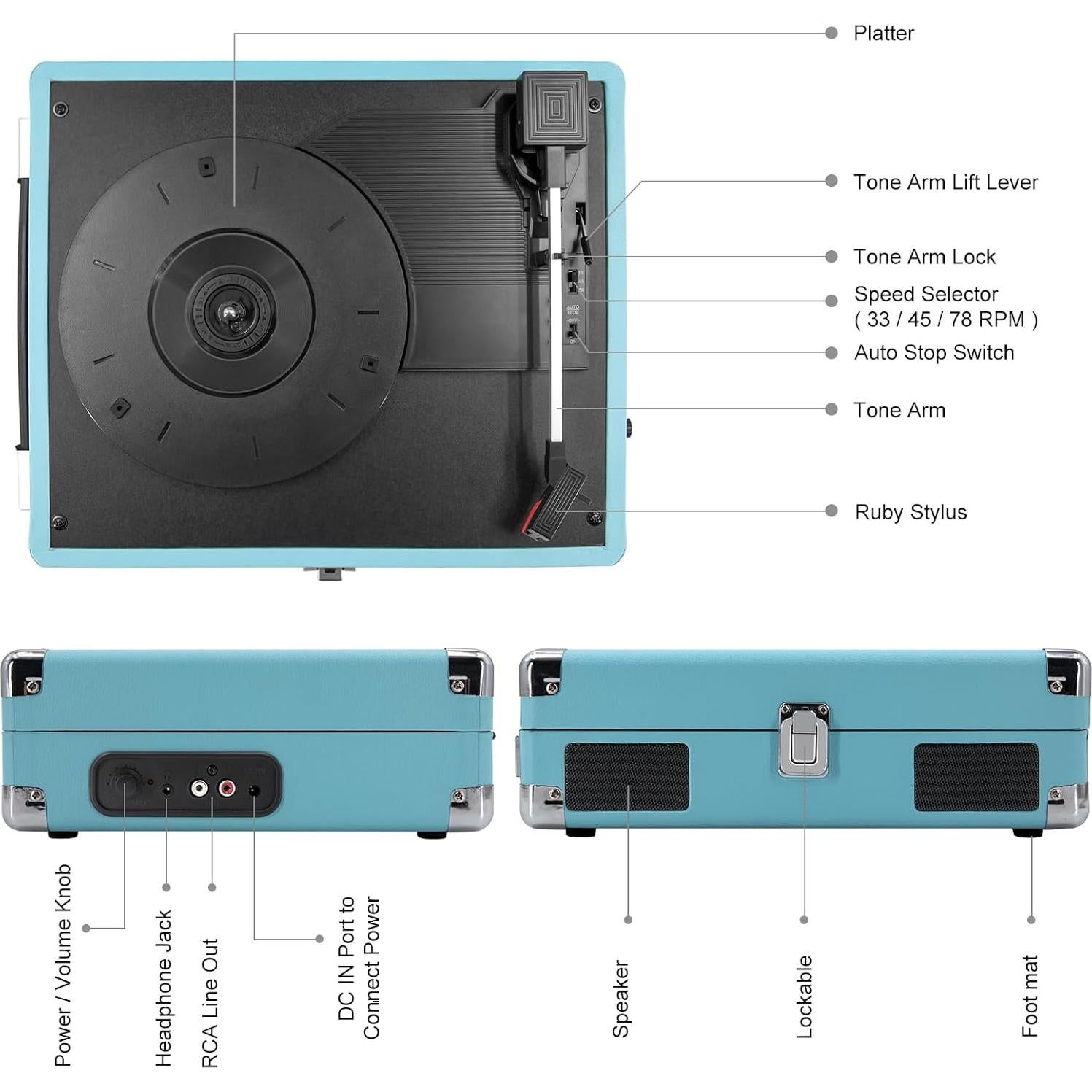 Reproductor de Vinilo LP&No.1 Maletero Azul 3 Velocidades