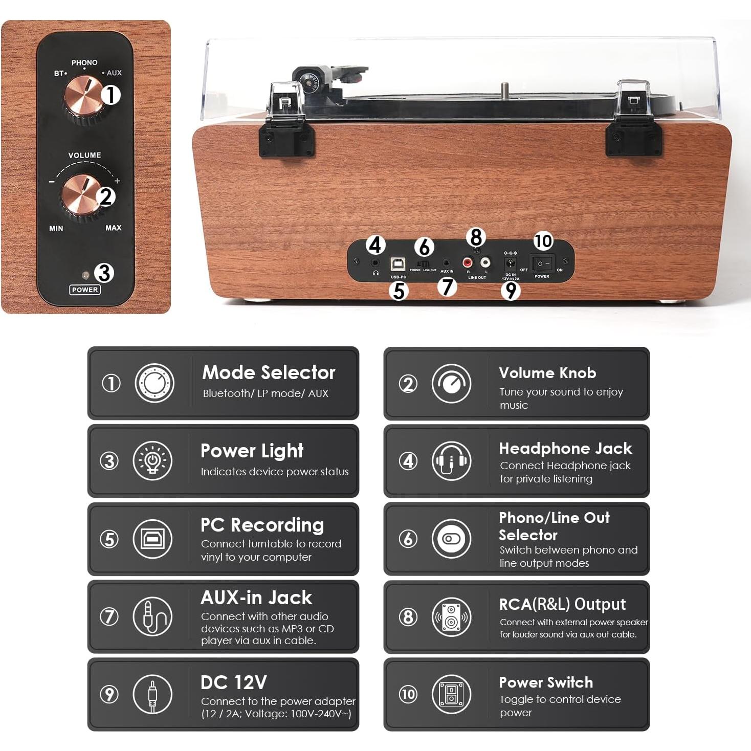 Reproductor de Vinilo Bluetooth VICTRESS TE-2039BR 3 Velocidades