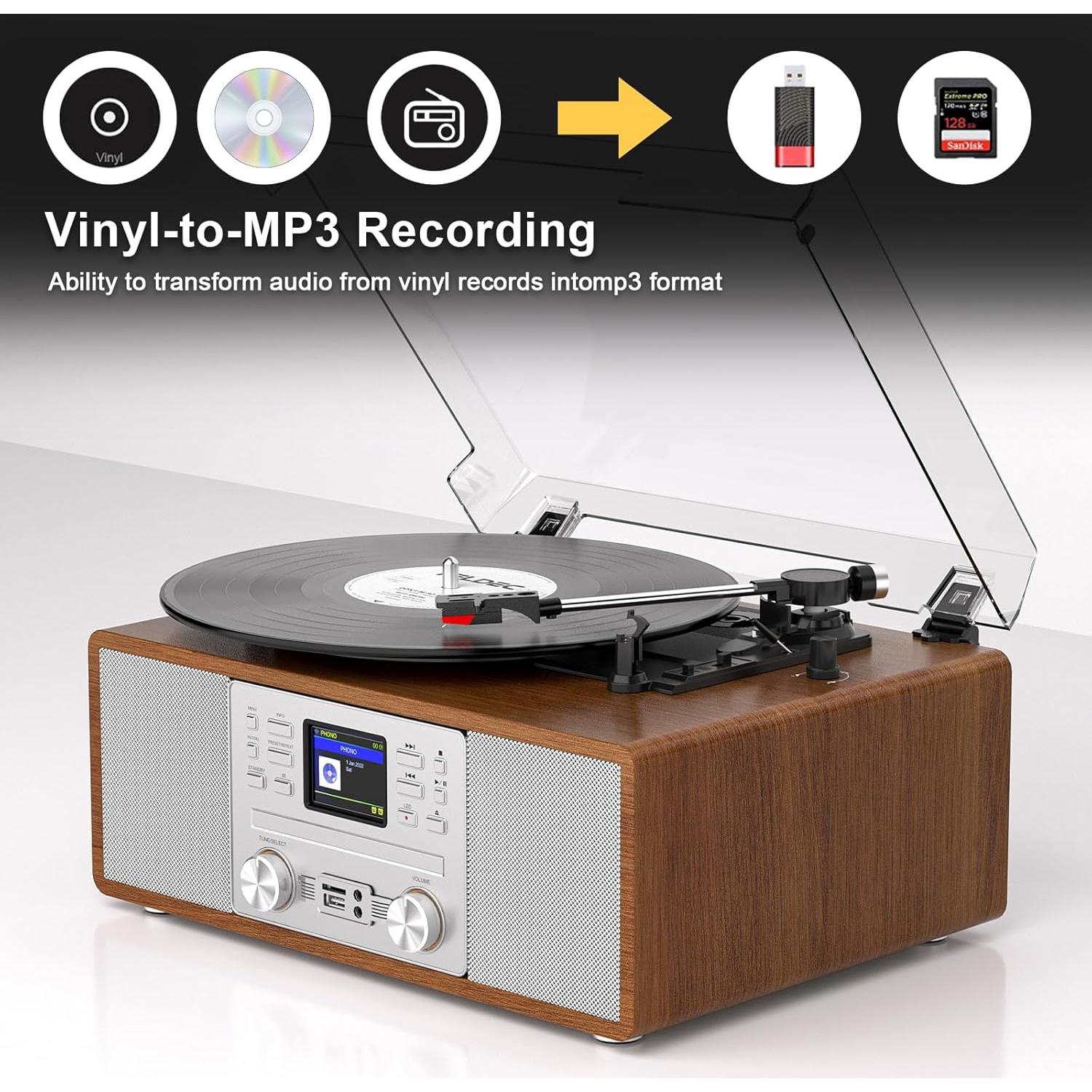 Reproductor de Vinilo Bluetooth 10-en-1 Danfi Audio TE-108S-BR