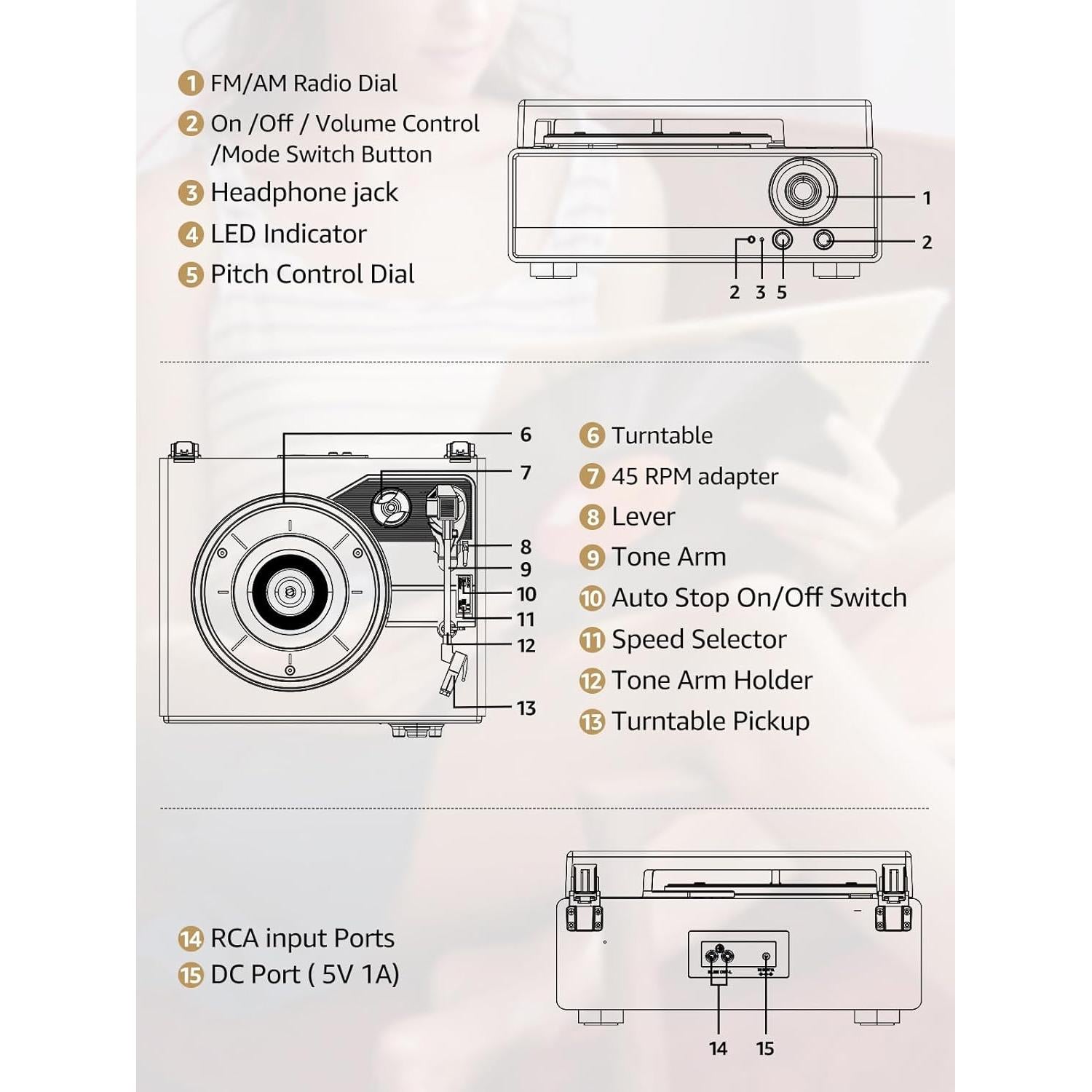 Tocadiscos Bluetooth RetroAudio JM-301 7 en 1 con Radio AM/FM