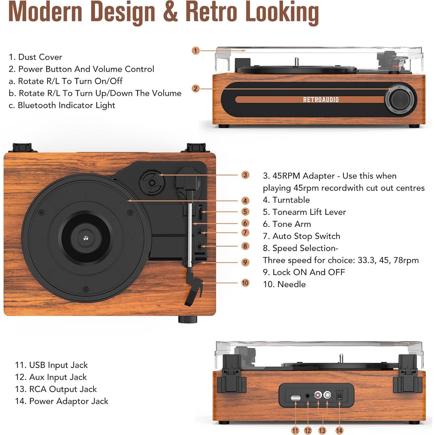 Reproductor de Discos Bluetooth RetroAudio con Altavoces 3 Velocidades
