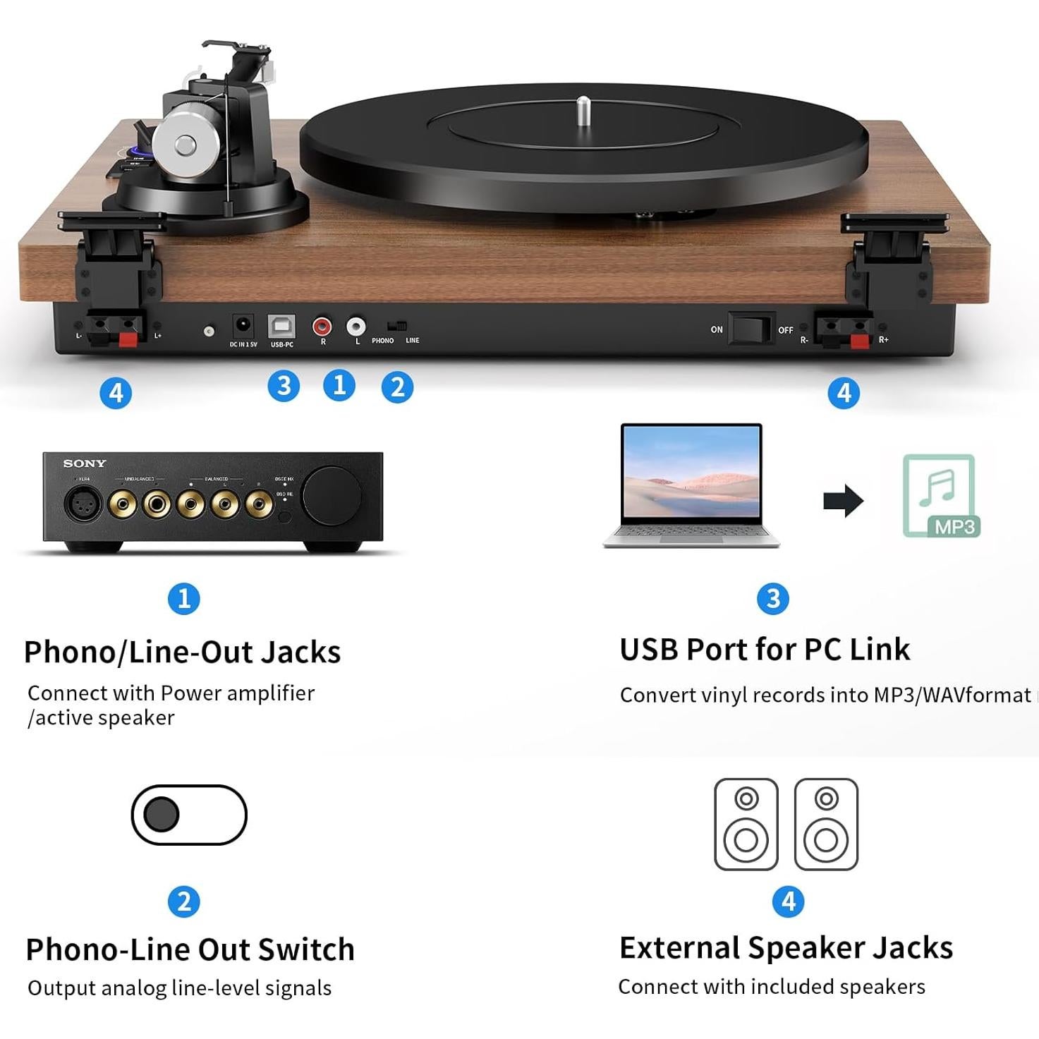 Tornamesa HiFi Bluetooth DIGITNOW M486 con altavoces 36W