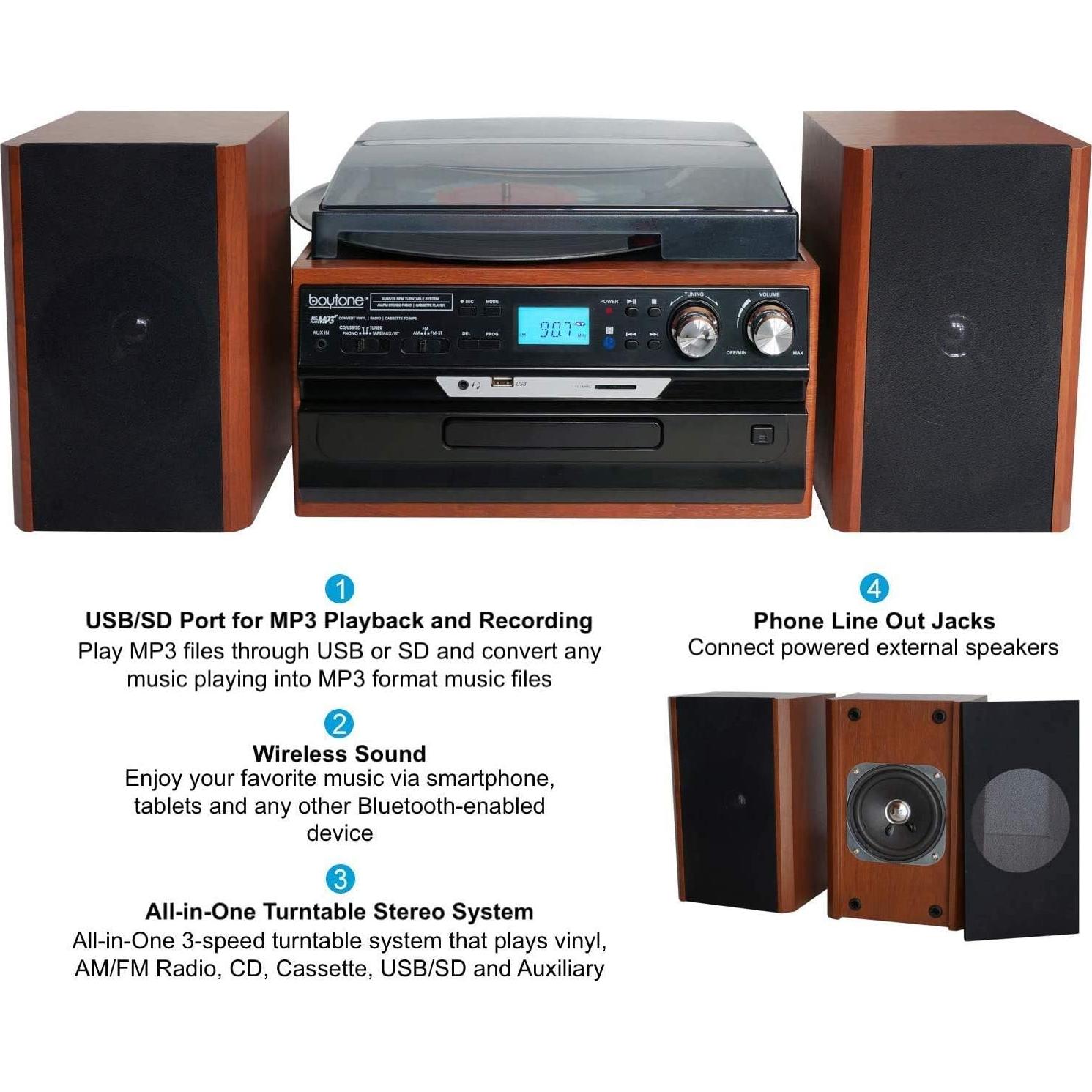 Reproductor de Vinilo Boytone BT-24MB Bluetooth con Radio AM/FM