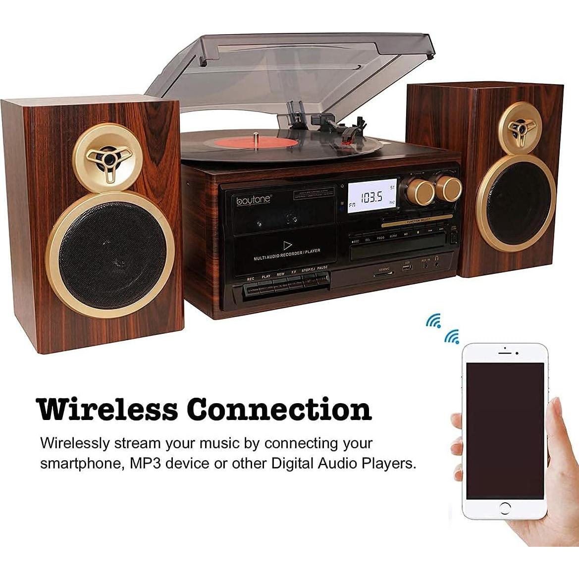 Reproductor de Vinilo Boytone BT-28SPM Bluetooth con Radio AM/FM