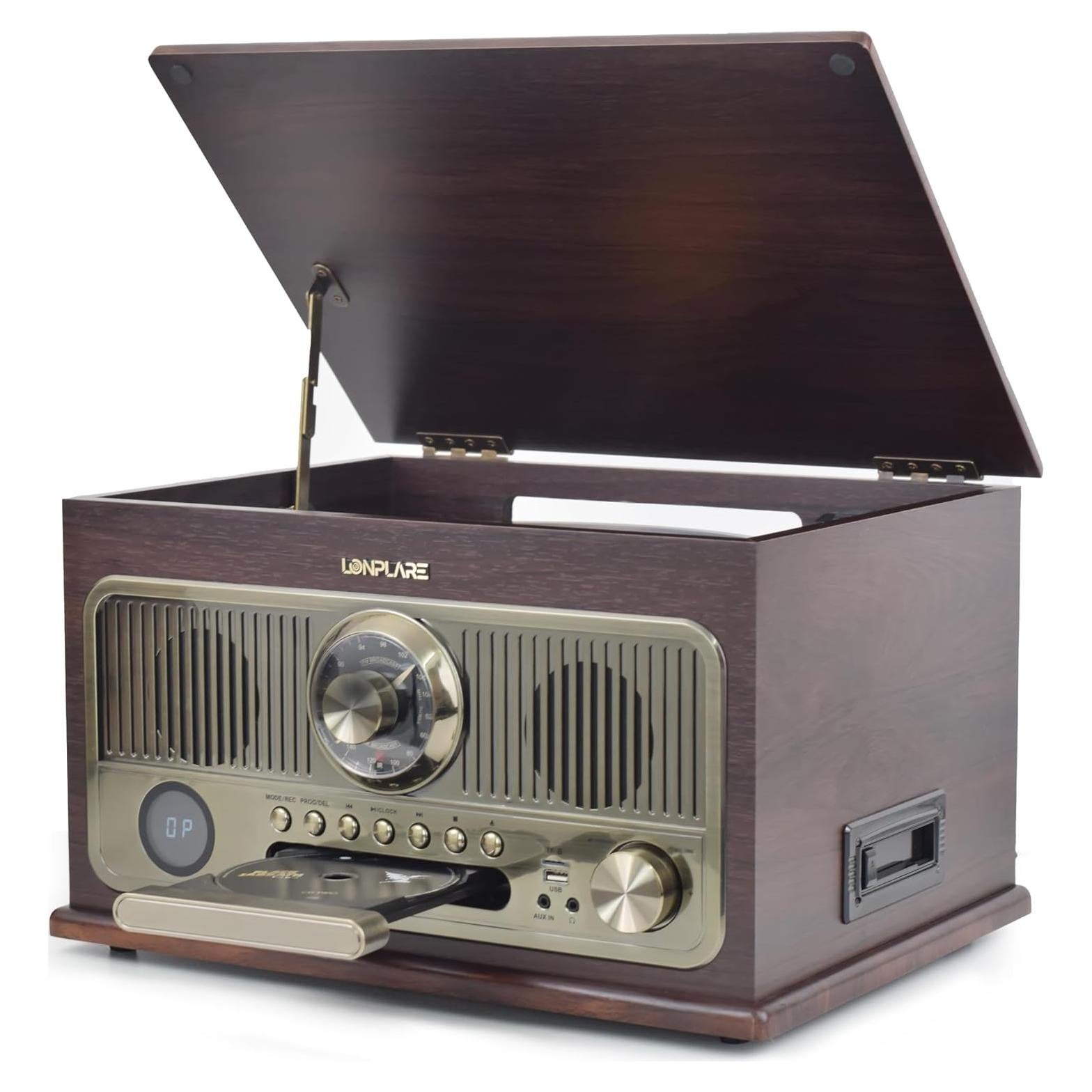 Reproductor de Vinilo Vintage Lonplare 3 Velocidades Bluetooth