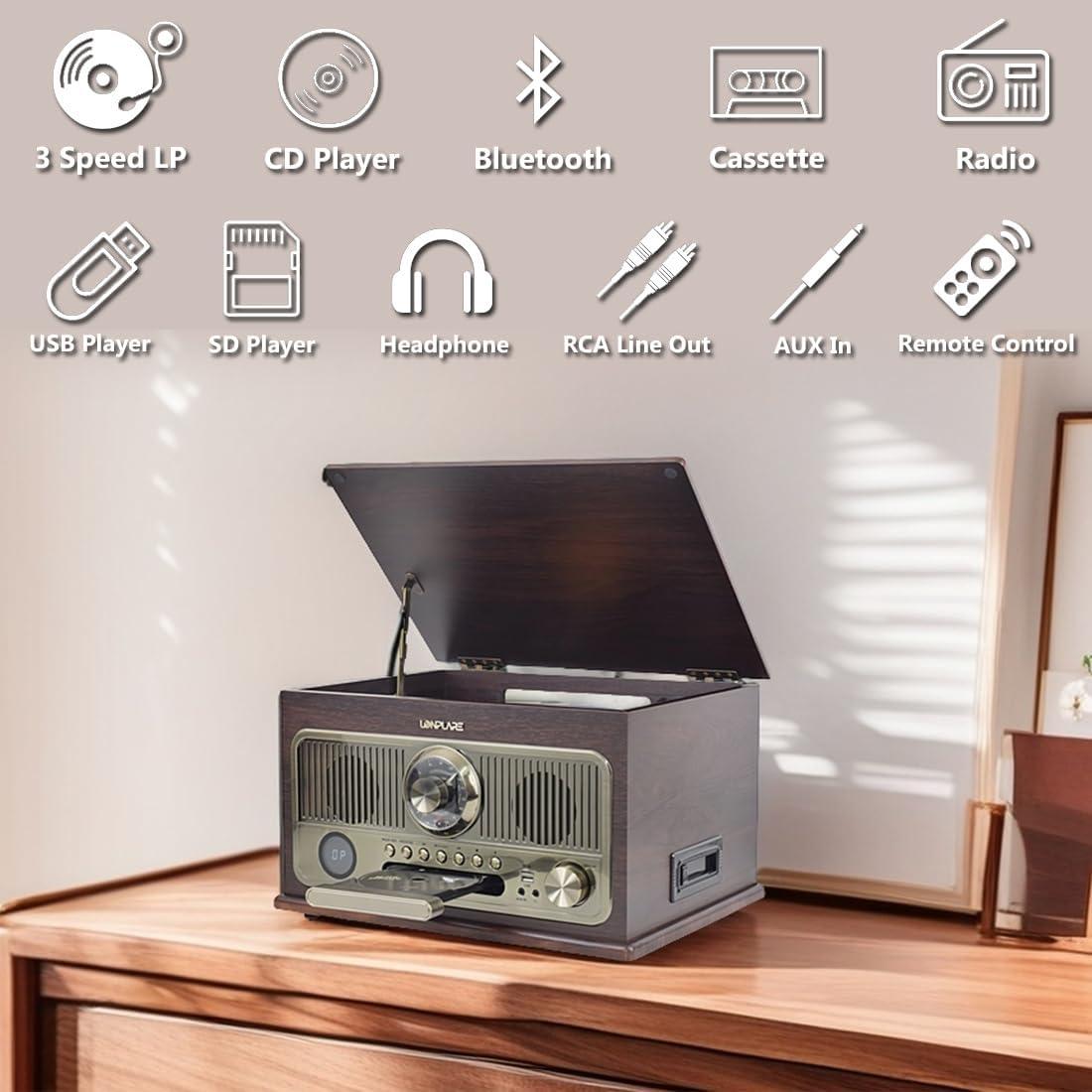 Reproductor de Vinilo Vintage Lonplare 3 Velocidades Bluetooth