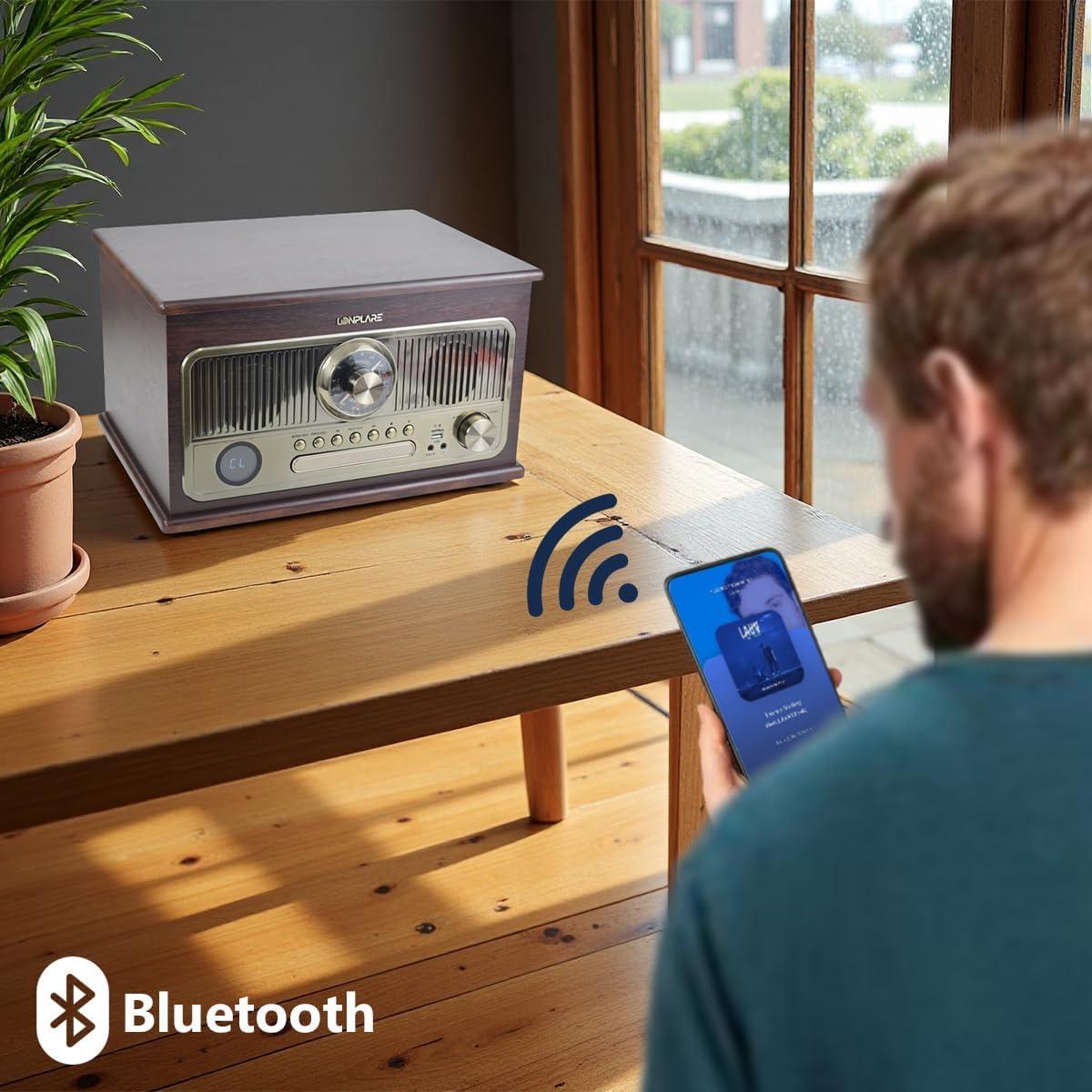 Reproductor de Vinilo Vintage Lonplare 3 Velocidades Bluetooth