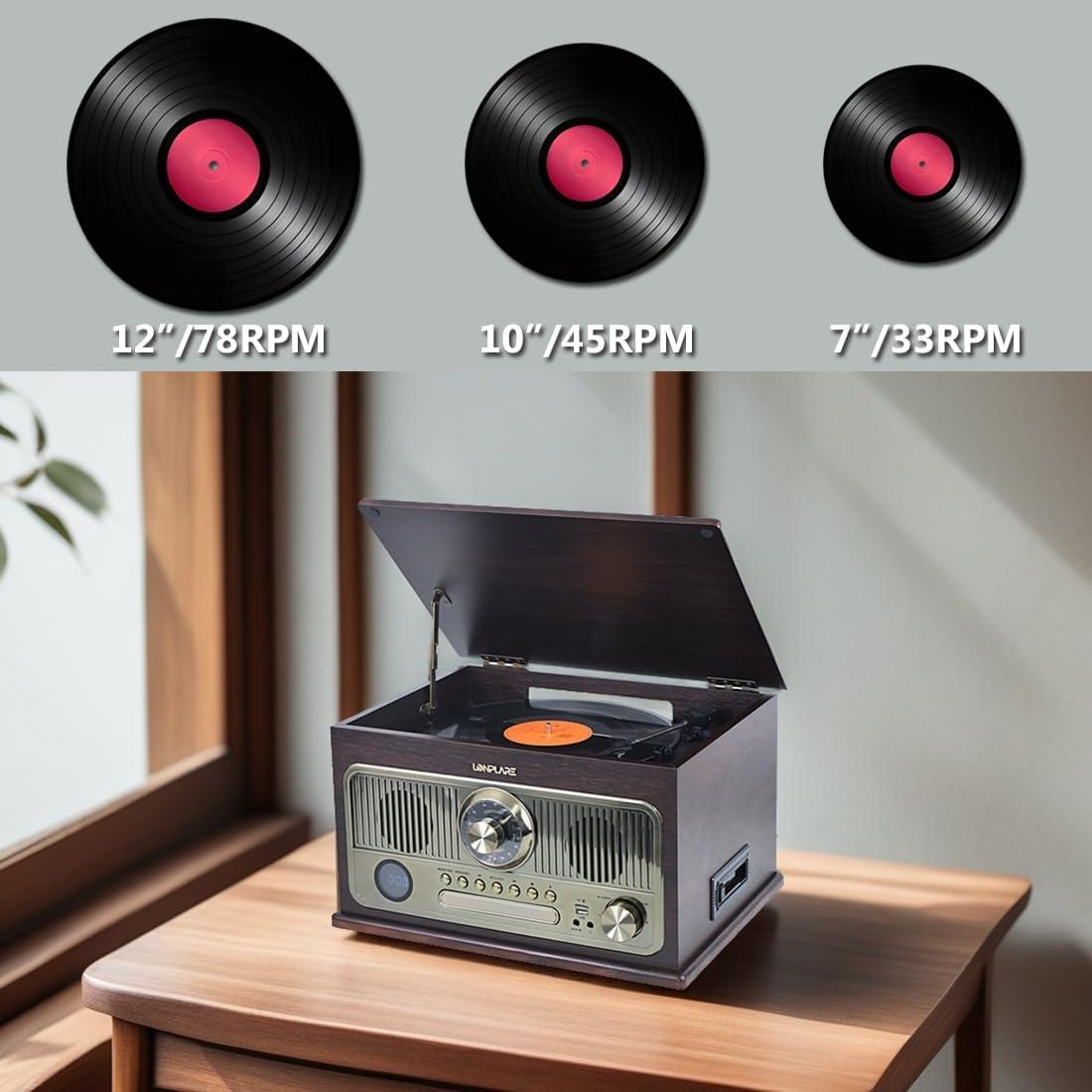 Reproductor de Vinilo Vintage Lonplare 3 Velocidades Bluetooth