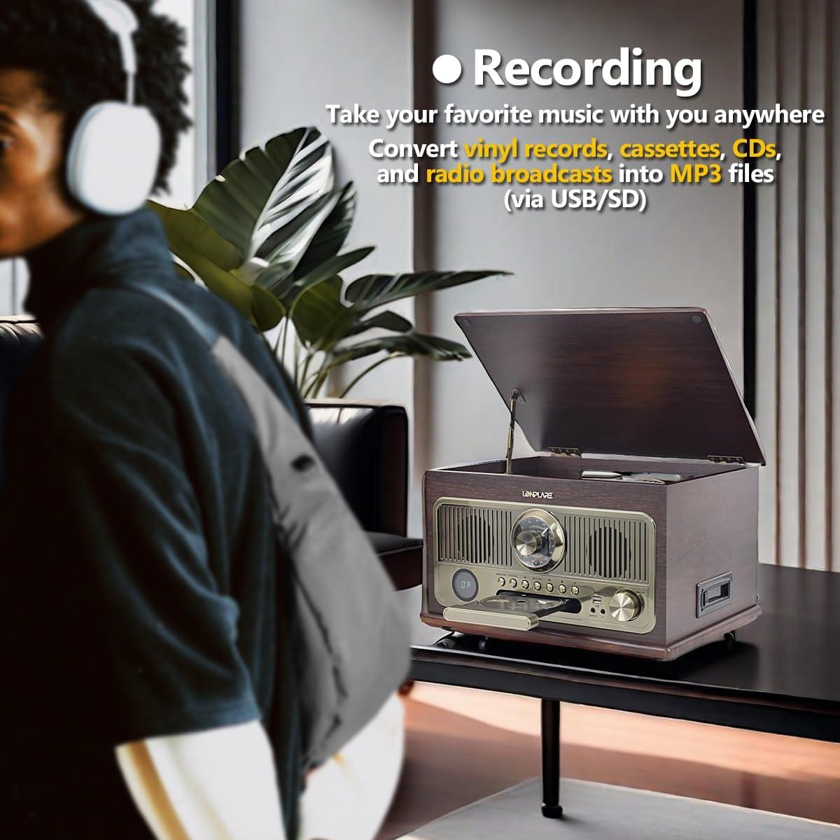 Reproductor de Vinilo Vintage Lonplare 3 Velocidades Bluetooth