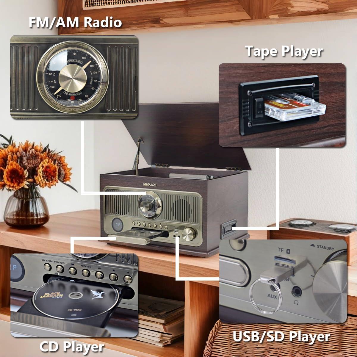 Reproductor de Vinilo Vintage Lonplare 3 Velocidades Bluetooth