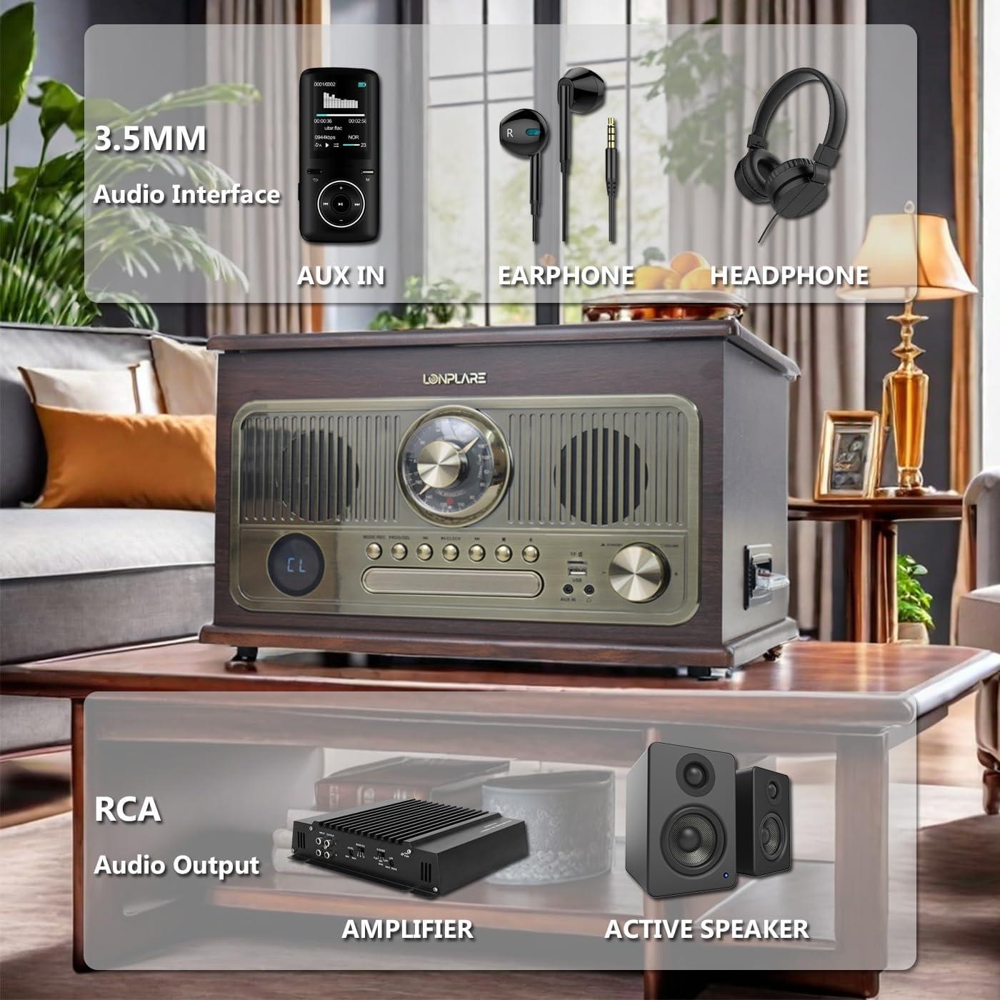 Reproductor de Vinilo Vintage Lonplare 3 Velocidades Bluetooth