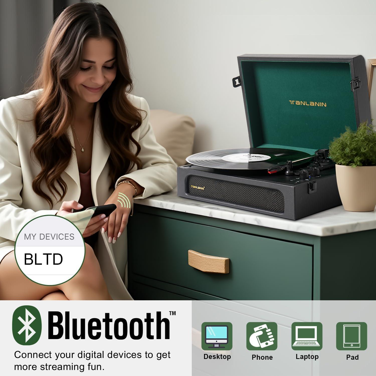 Tocadiscos Portátil TANLANIN TE-108D Bluetooth Negro Verde