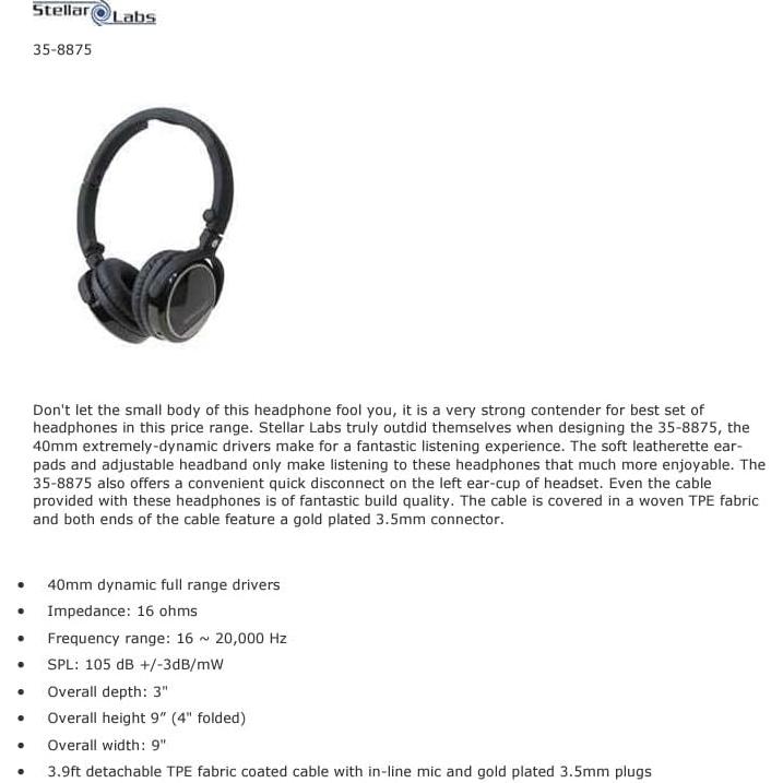 Auriculares Stellar Labs 35-8875 Sobre la Oreja 40mm 16 Ohm