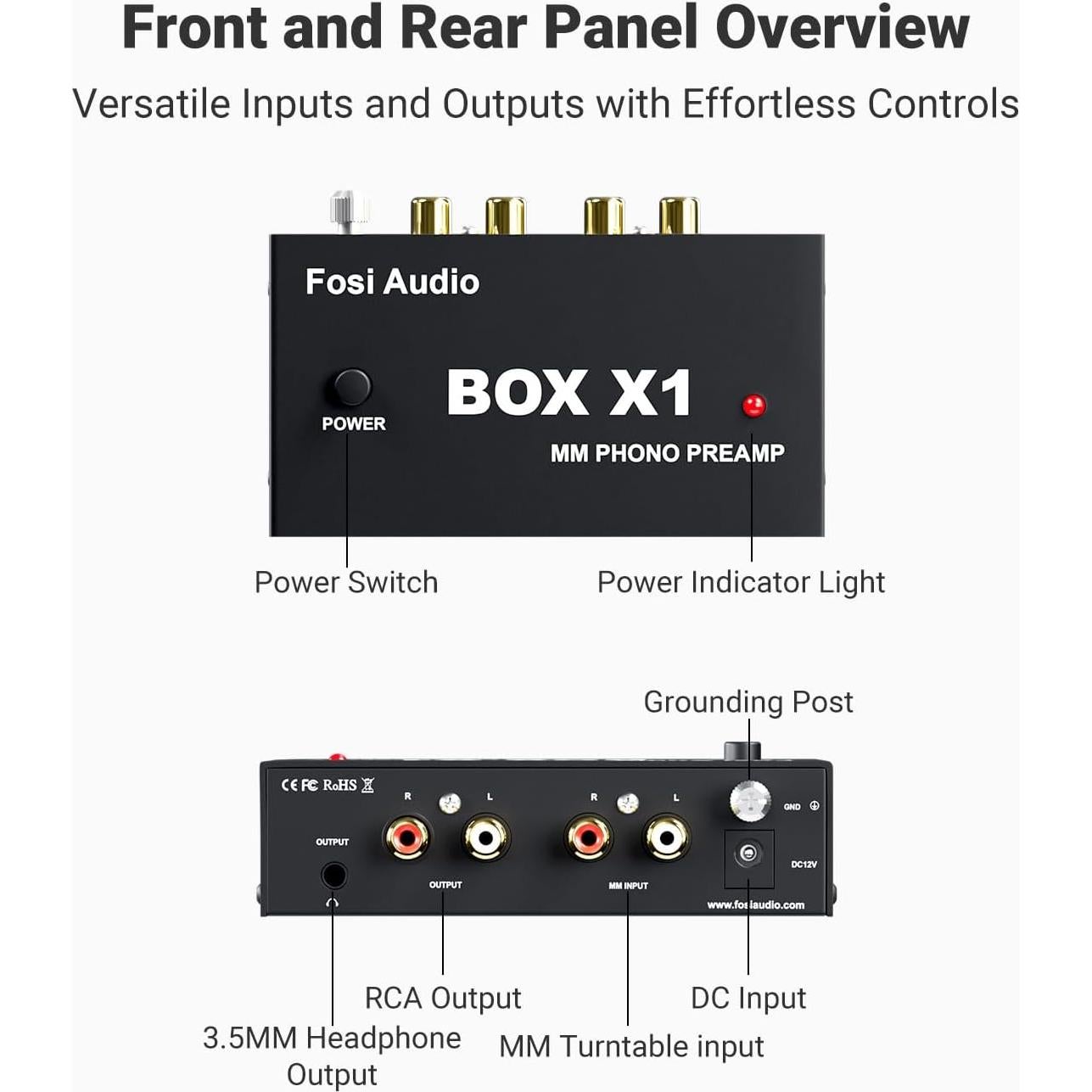 Fosi Audio BOX X1 Preamplificador de Fono MM 12V RCA y Auriculares