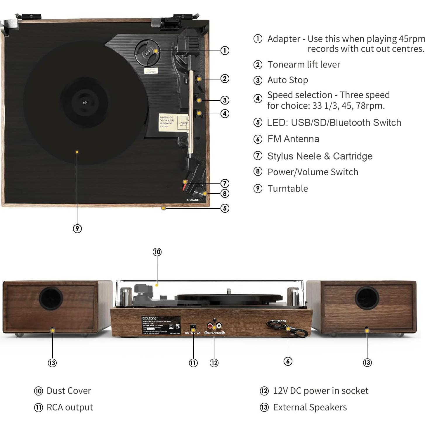 Tocadiscos Boytone Vintage con Altavoces Estéreo Bluetooth