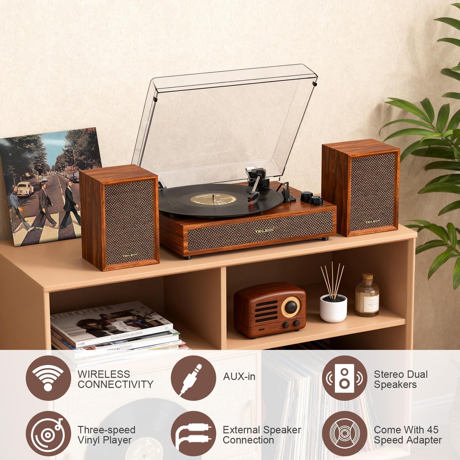 Reproductor de Vinilo TANLANIN SON1-TE-2028BR con Altavoces Externos