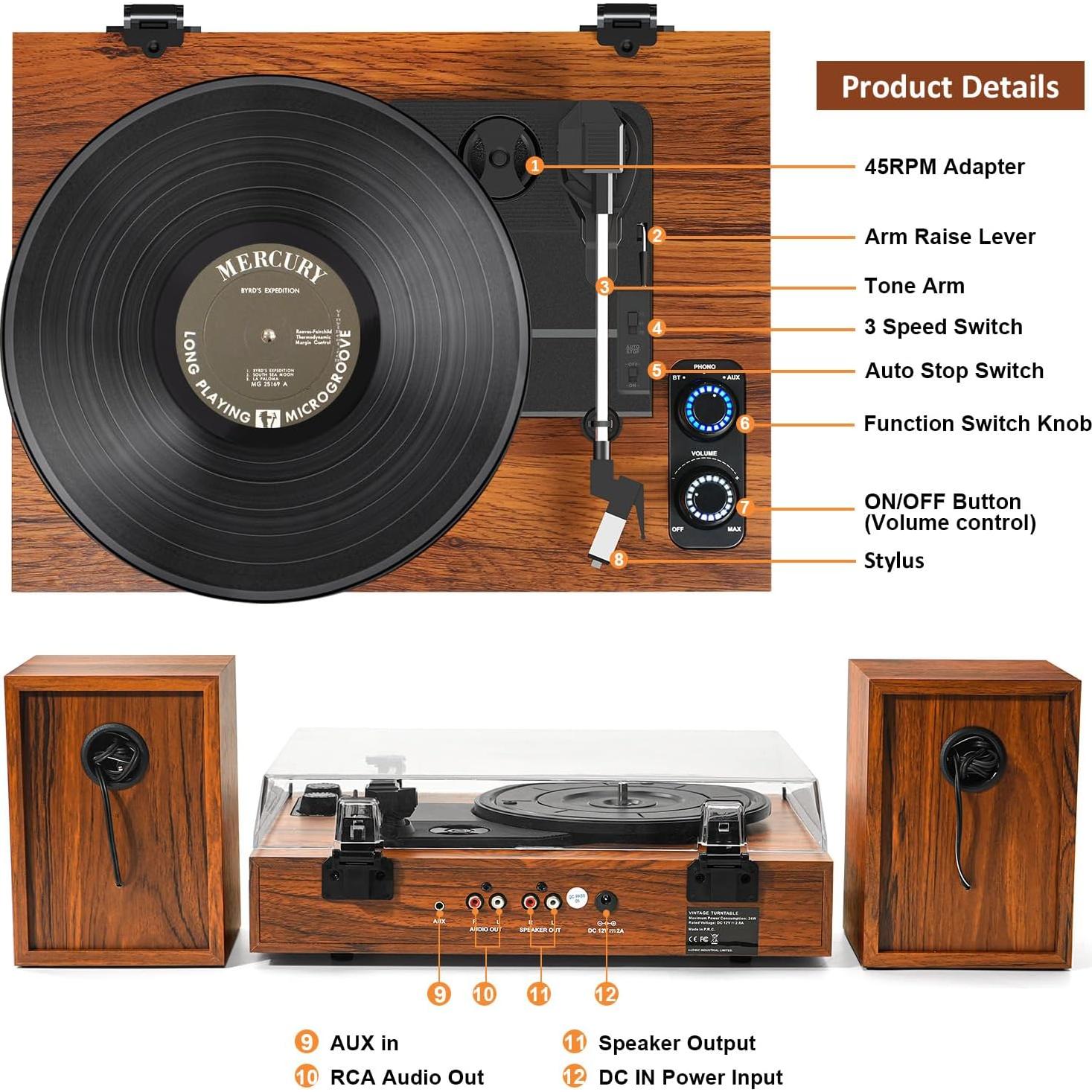 Reproductor de Vinilo TANLANIN SON1-TE-2028BR con Altavoces Externos