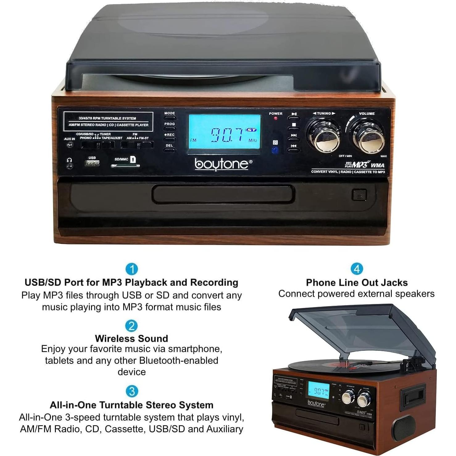Reproductor de Vinilo Bluetooth Boytone BT-22MS con Radio y CD