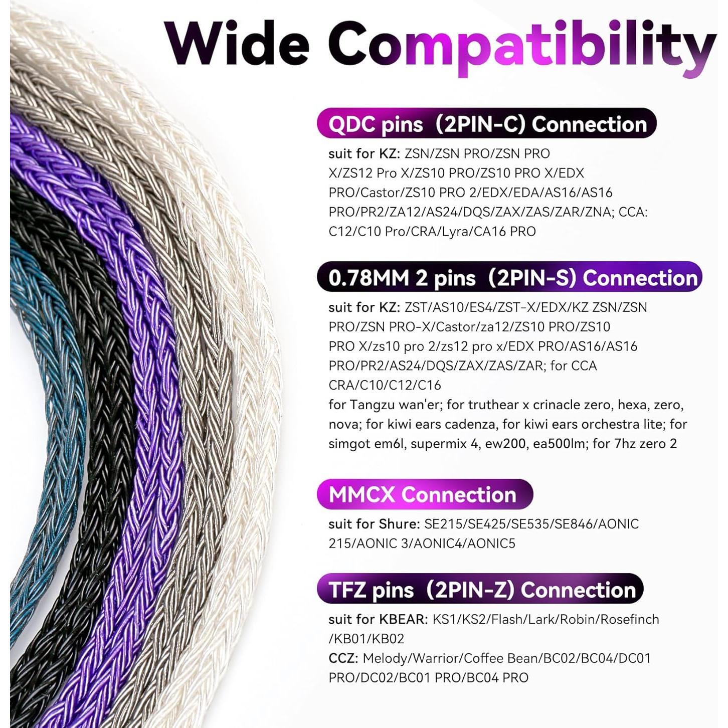 Cable IEM KBEAR ST24 Plus 2.0m Plata-Blanco HiFi 5N OCC