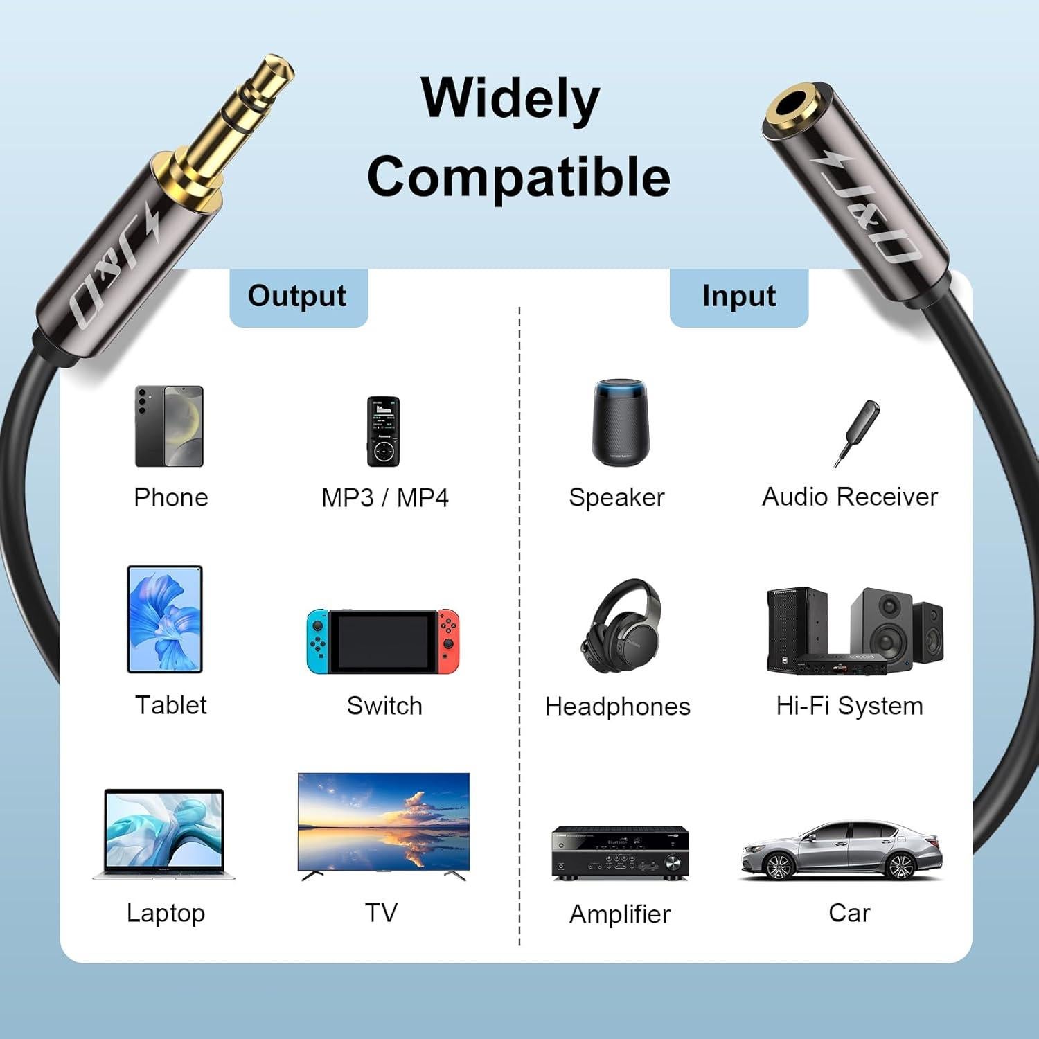 Cable de Extensión de Audio J&D 3.5mm Macho a Hembra 2.74m