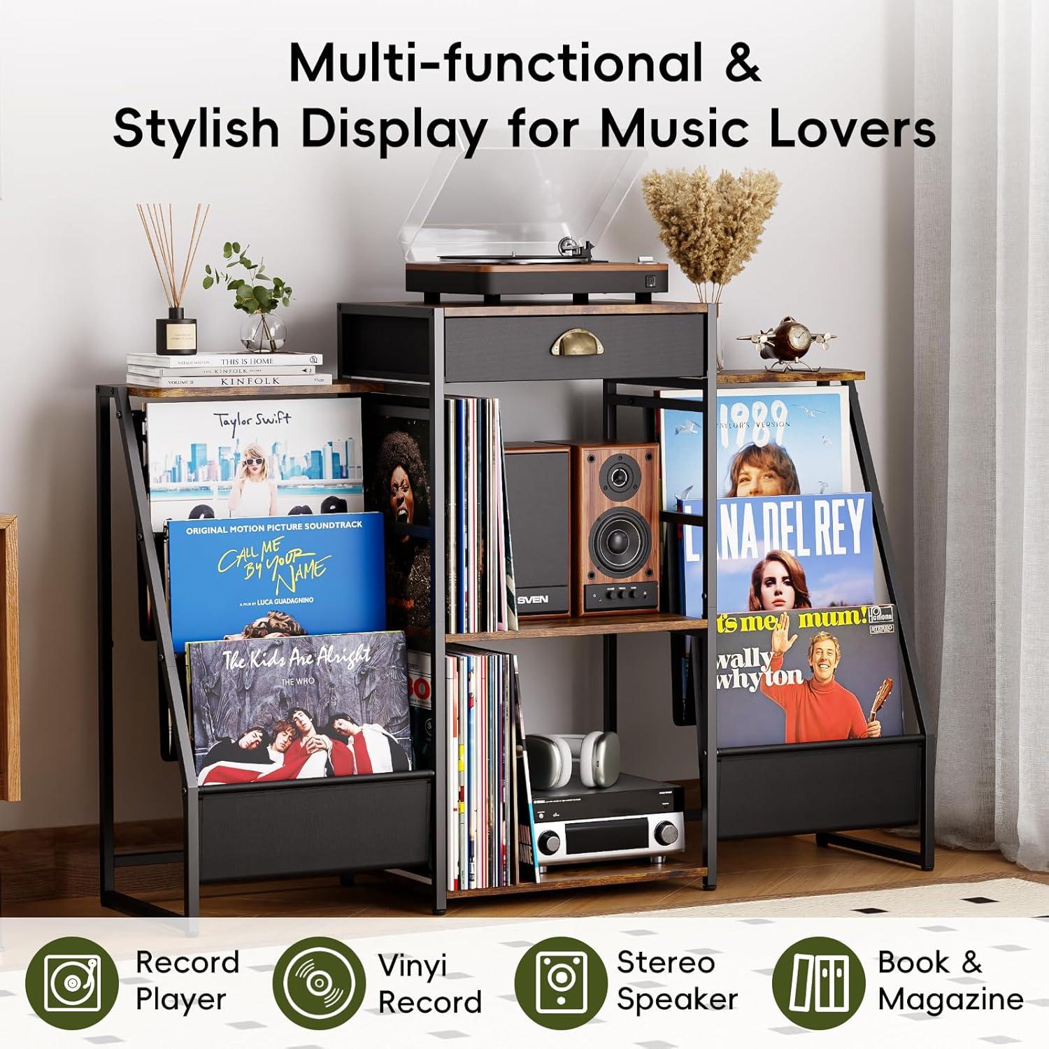 Soporte para Tocadiscos JunVpic Marrón con Almacenamiento para 200 Vinilos