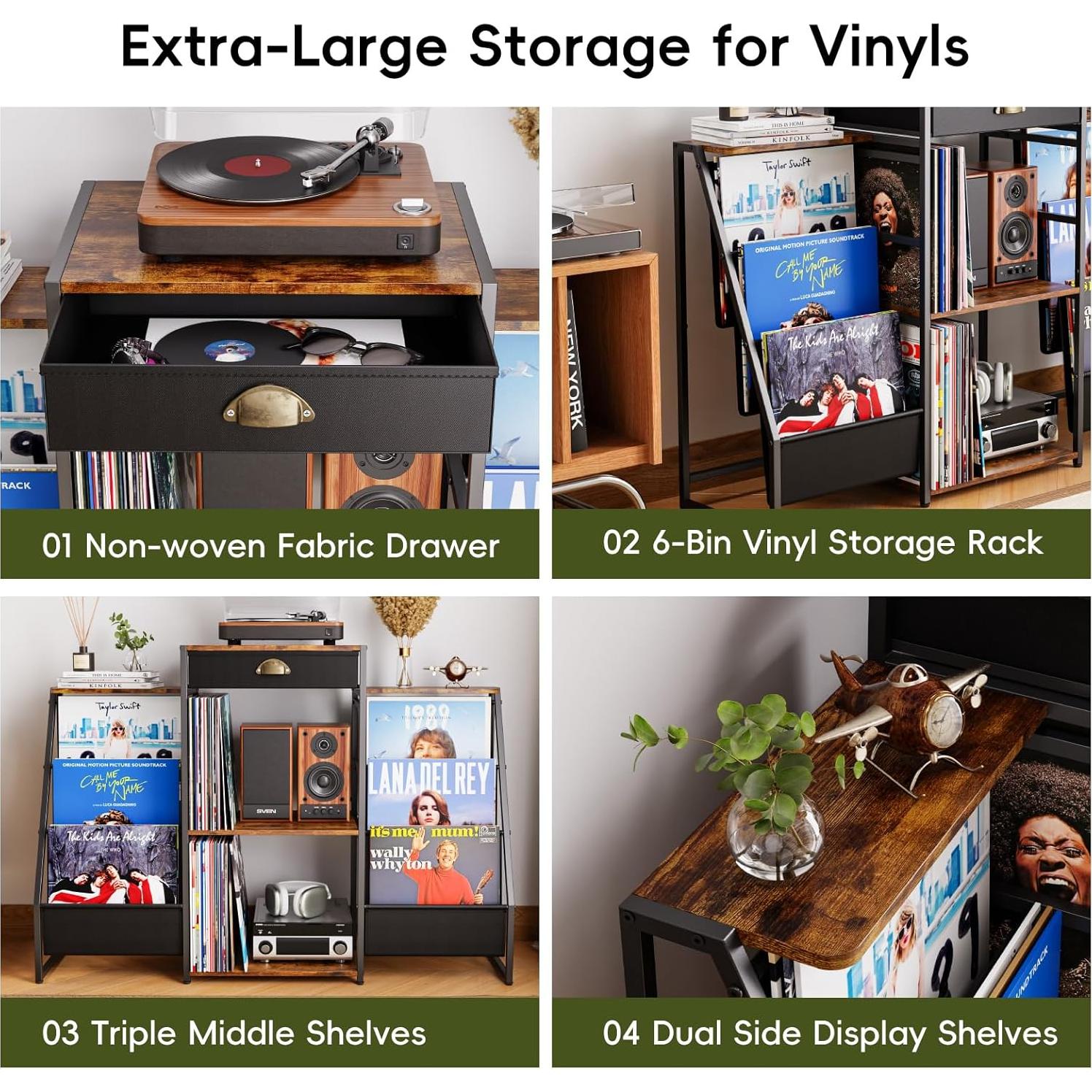 Soporte para Tocadiscos JunVpic Marrón con Almacenamiento para 200 Vinilos