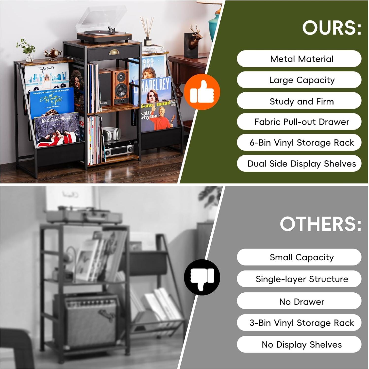 Soporte para Tocadiscos JunVpic Marrón con Almacenamiento para 200 Vinilos