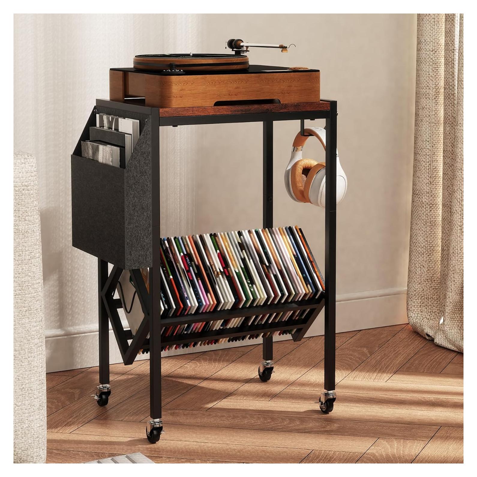 Soporte para Tocadiscos Vintage FeouBlf con Almacenamiento y Ruedas