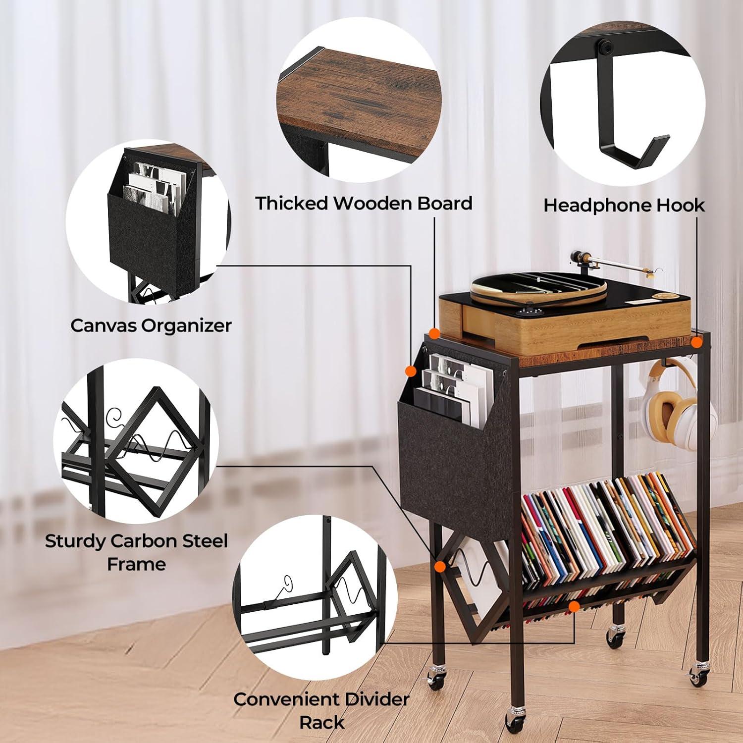 Soporte para Tocadiscos Vintage FeouBlf con Almacenamiento y Ruedas