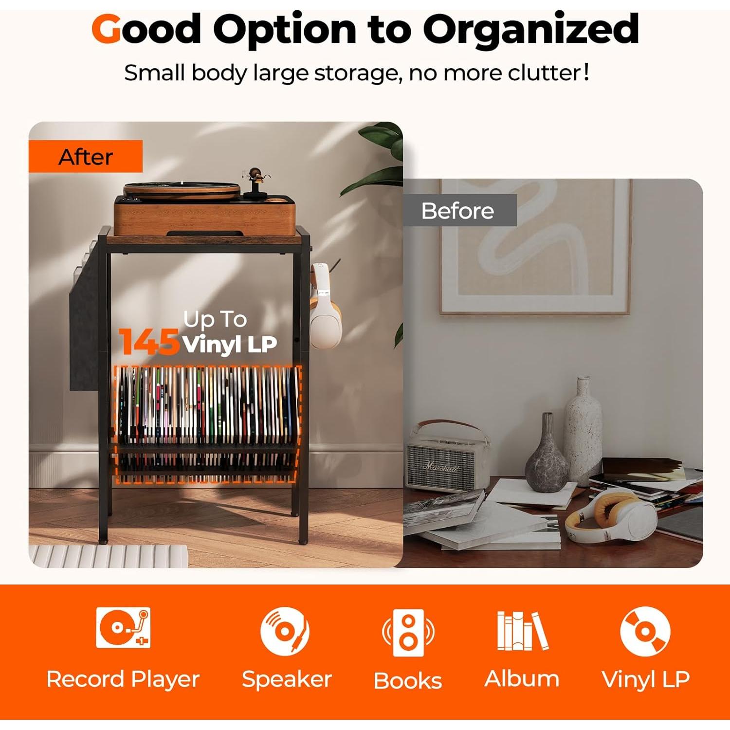 Soporte para Tocadiscos Vintage FeouBlf con Almacenamiento y Ruedas