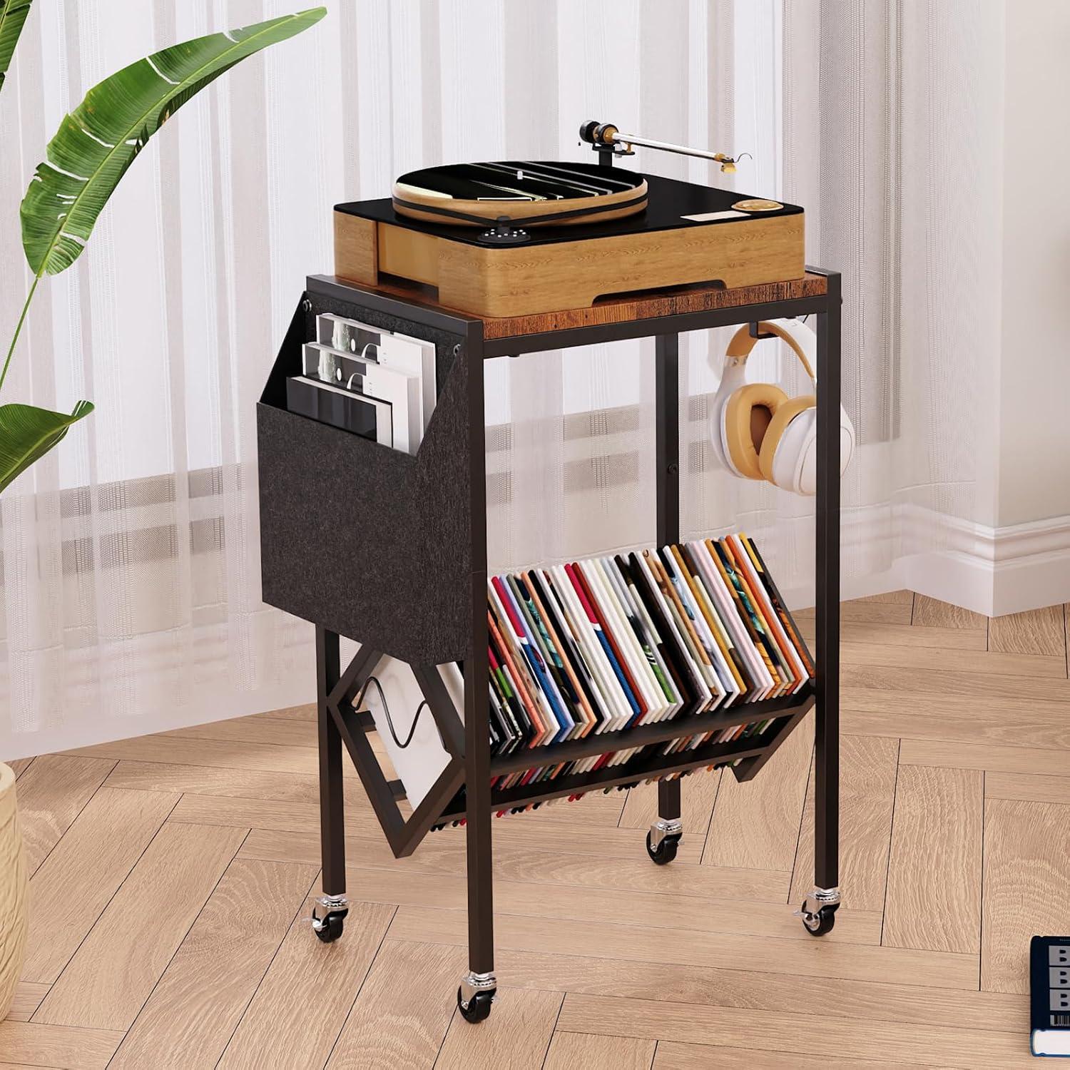 Soporte para Tocadiscos Vintage FeouBlf con Almacenamiento y Ruedas