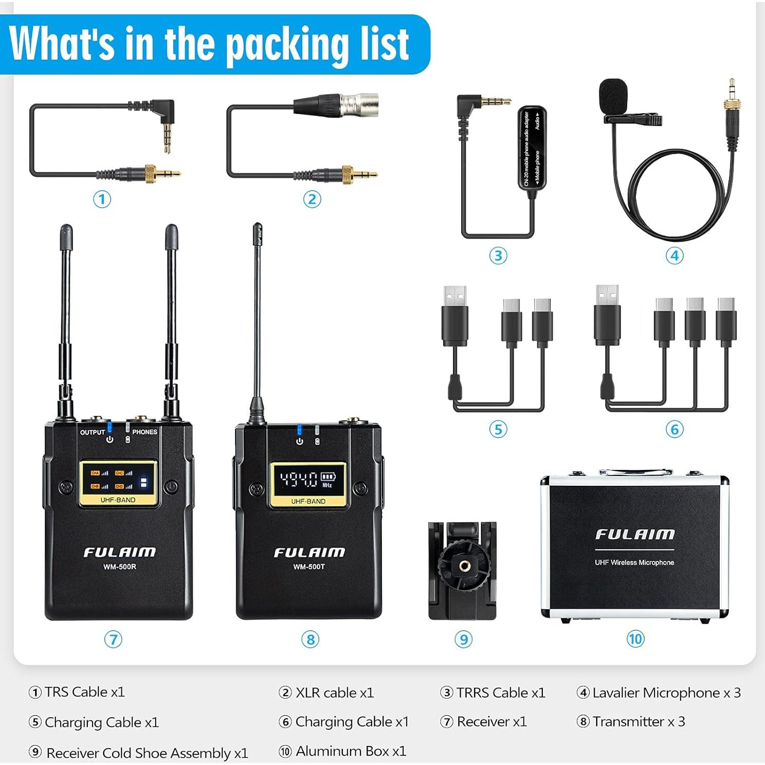 Micrófono Lavalier Inalámbrico FULAIM WM500 - 4 Transmisores UHF