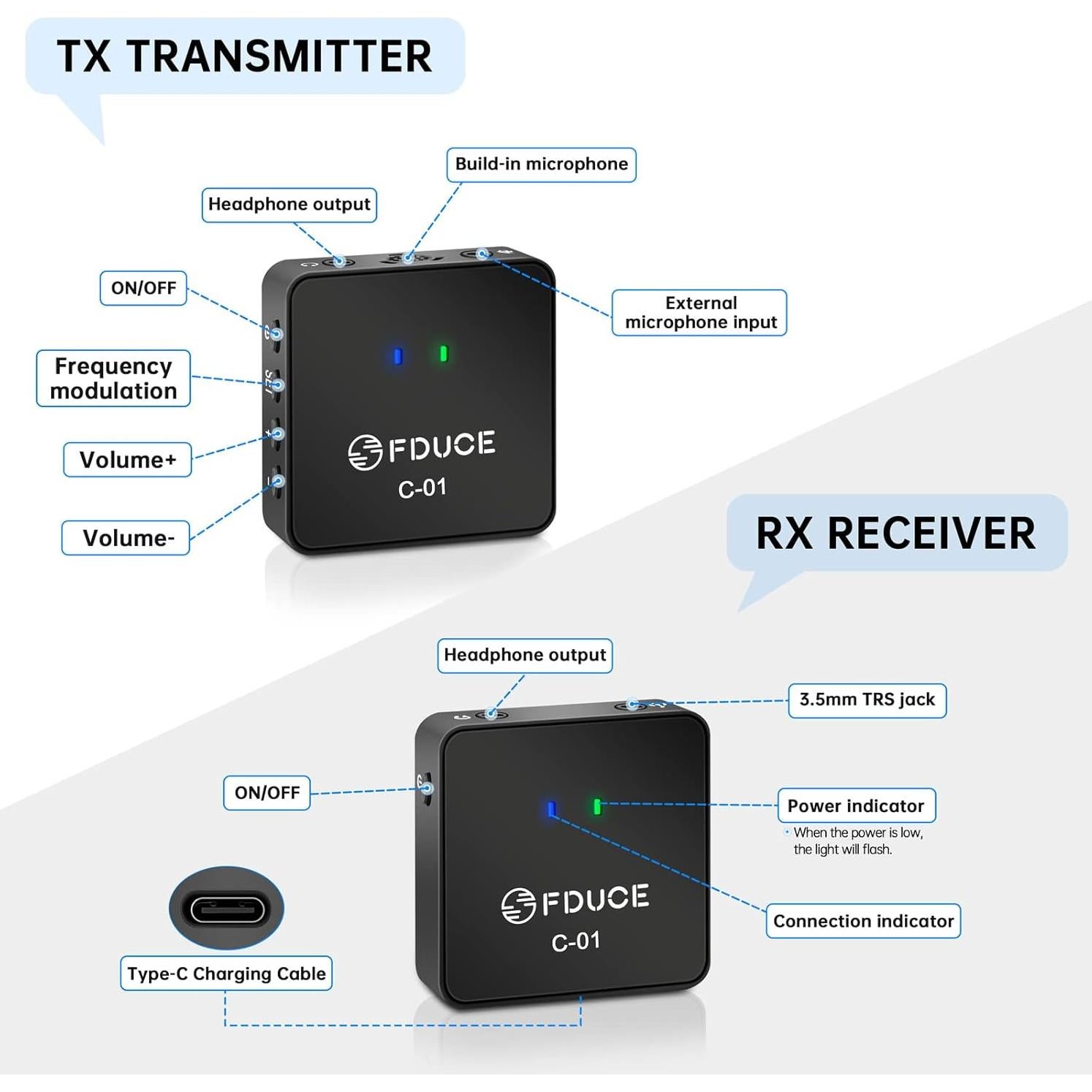 Micrófono Lavalier Inalámbrico FDUCE C01 UHF para Smartphone y Cámara