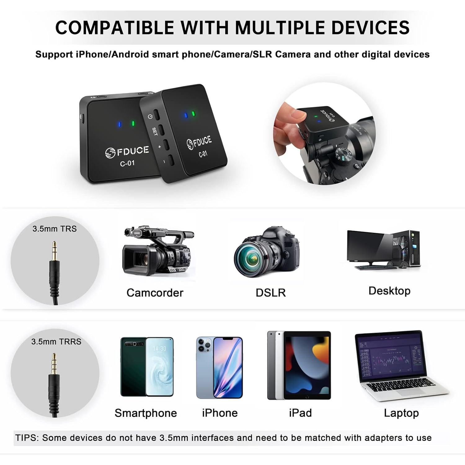 Micrófono Lavalier Inalámbrico FDUCE C01 UHF para Smartphone y Cámara