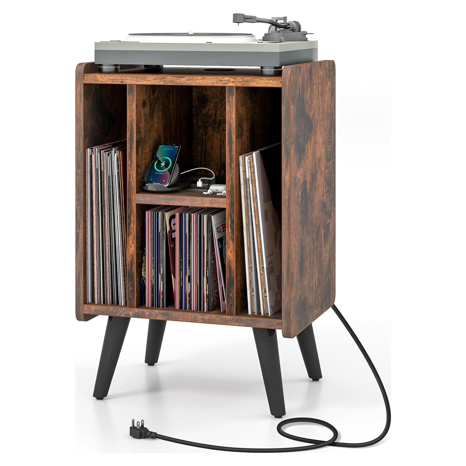 Soporte para Tocadiscos Giantex Madera Rústica con Carga USB