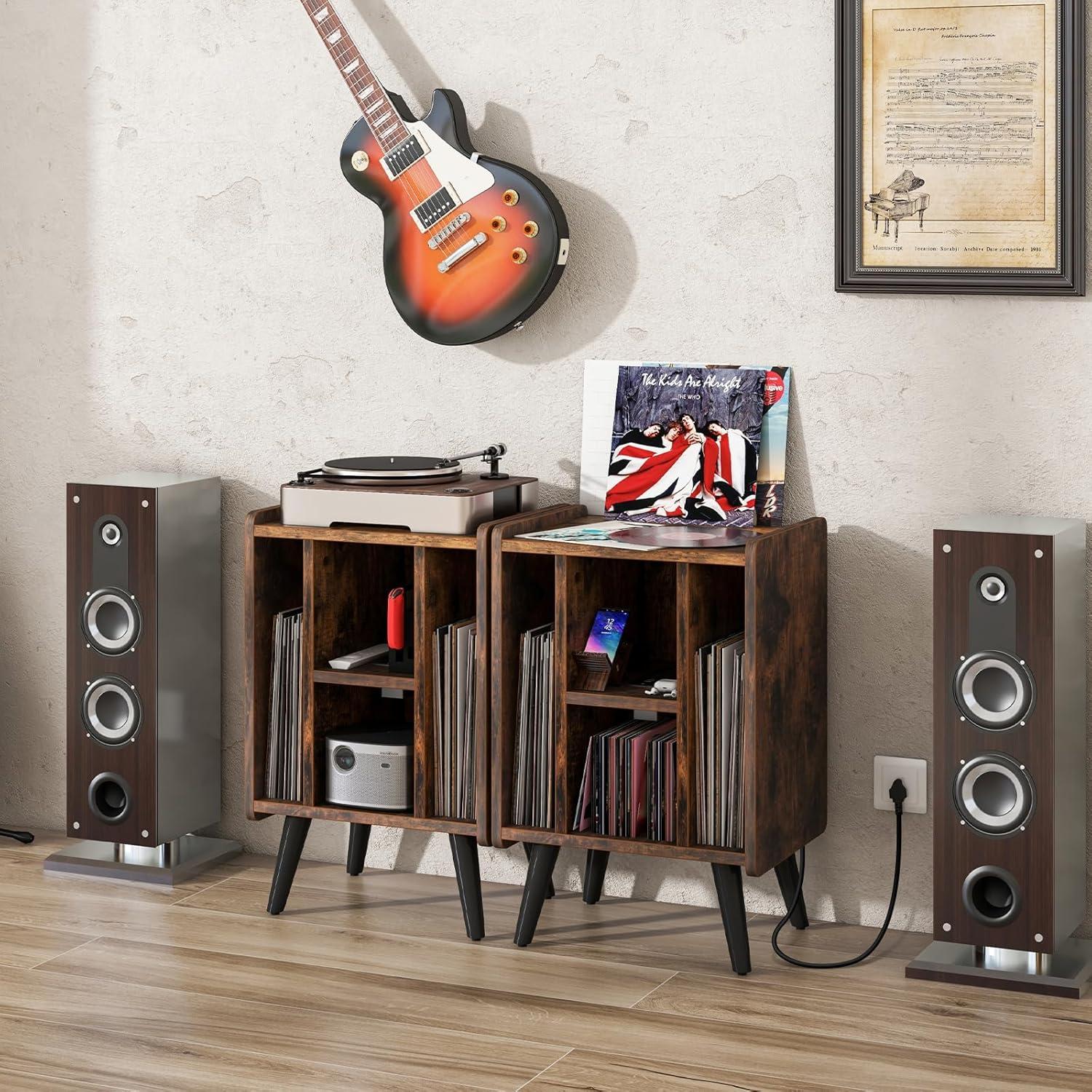 Soporte para Tocadiscos Giantex Madera Rústica con Carga USB