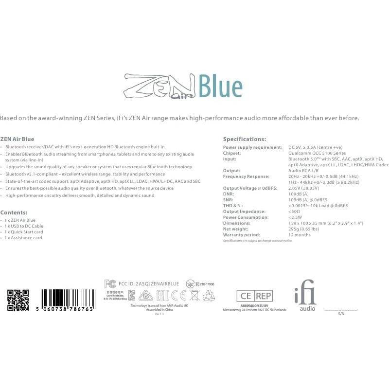 Receptor Bluetooth iFi Zen Air Blue - Alta Resolución 0.55 kg