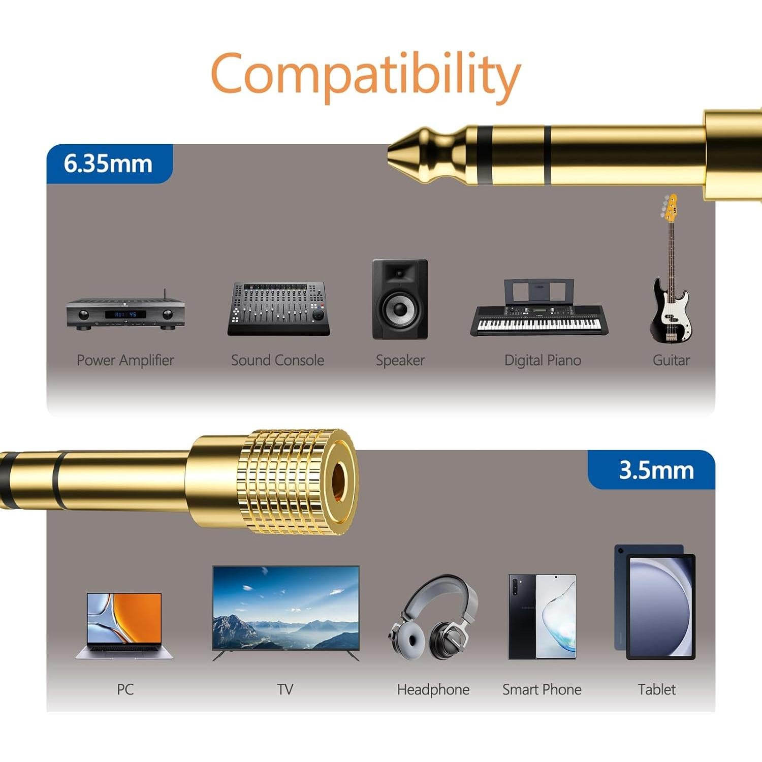 6.35mm (1/4 inch) Male to 3.5mm (1/8 inch) Female Stereo Audio Jack Headphone Adapter for Aux Cable,Guitar Amp,Headphones,Gold Plated 2 Pack