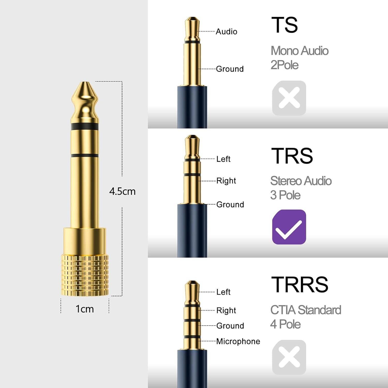 6.35mm (1/4 inch) Male to 3.5mm (1/8 inch) Female Stereo Audio Jack Headphone Adapter for Aux Cable,Guitar Amp,Headphones,Gold Plated 2 Pack