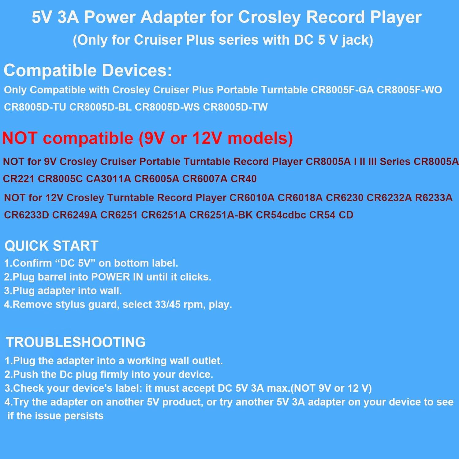 Cable de Alimentación 5V 3A para Tocadiscos Crosley Cruiser Plus
