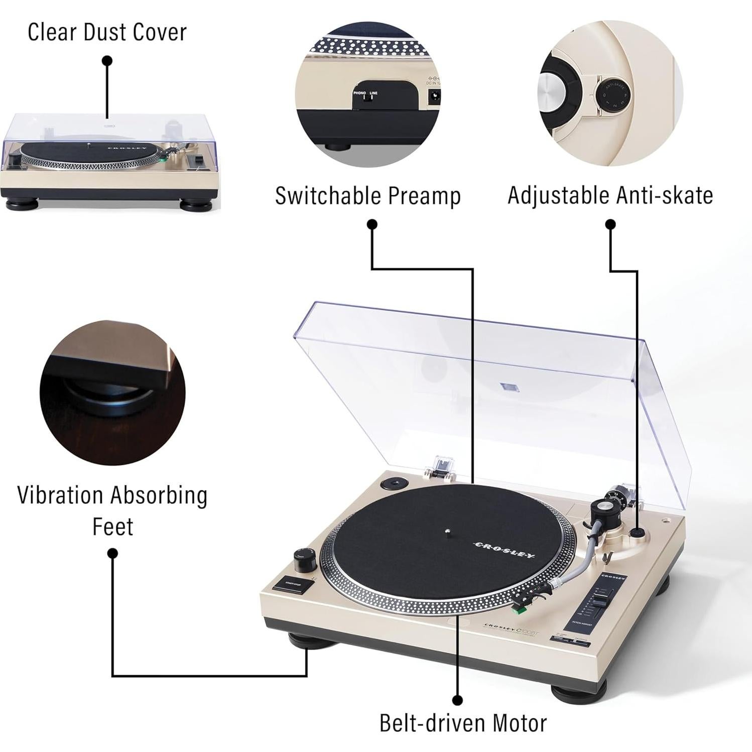 Tocadiscos Bluetooth Crosley C100BT-CP con Contrapeso Ajustable