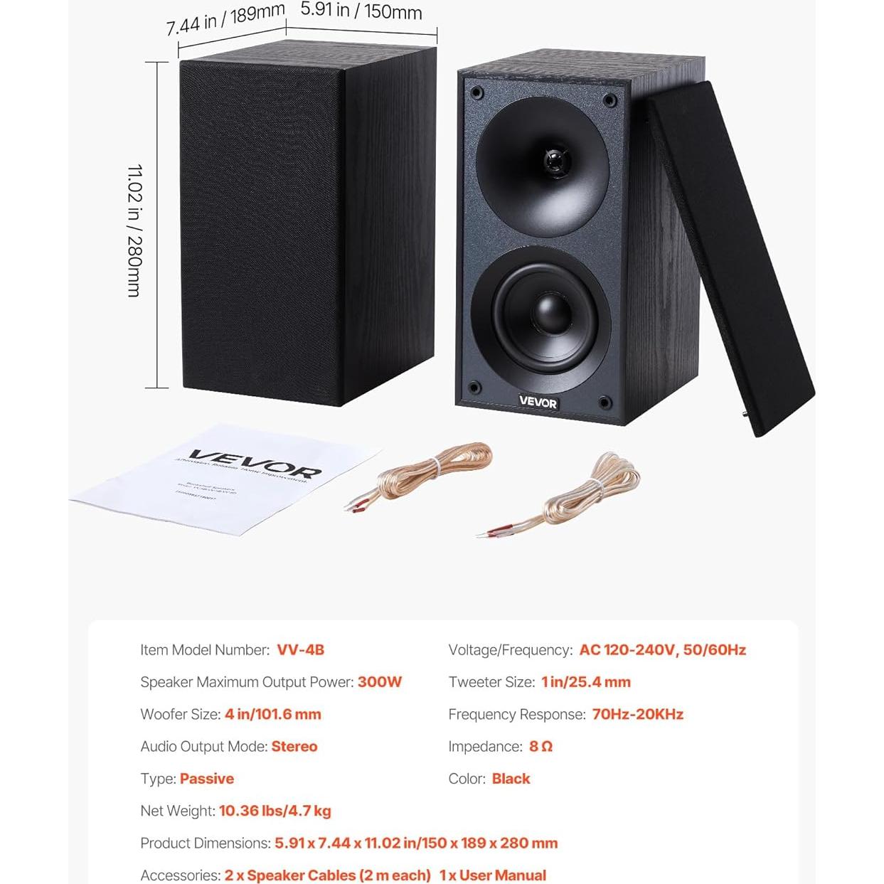 Altavoces Estéreo Pasivos VEVOR 300W 4" Woofer MDF (1 Par)