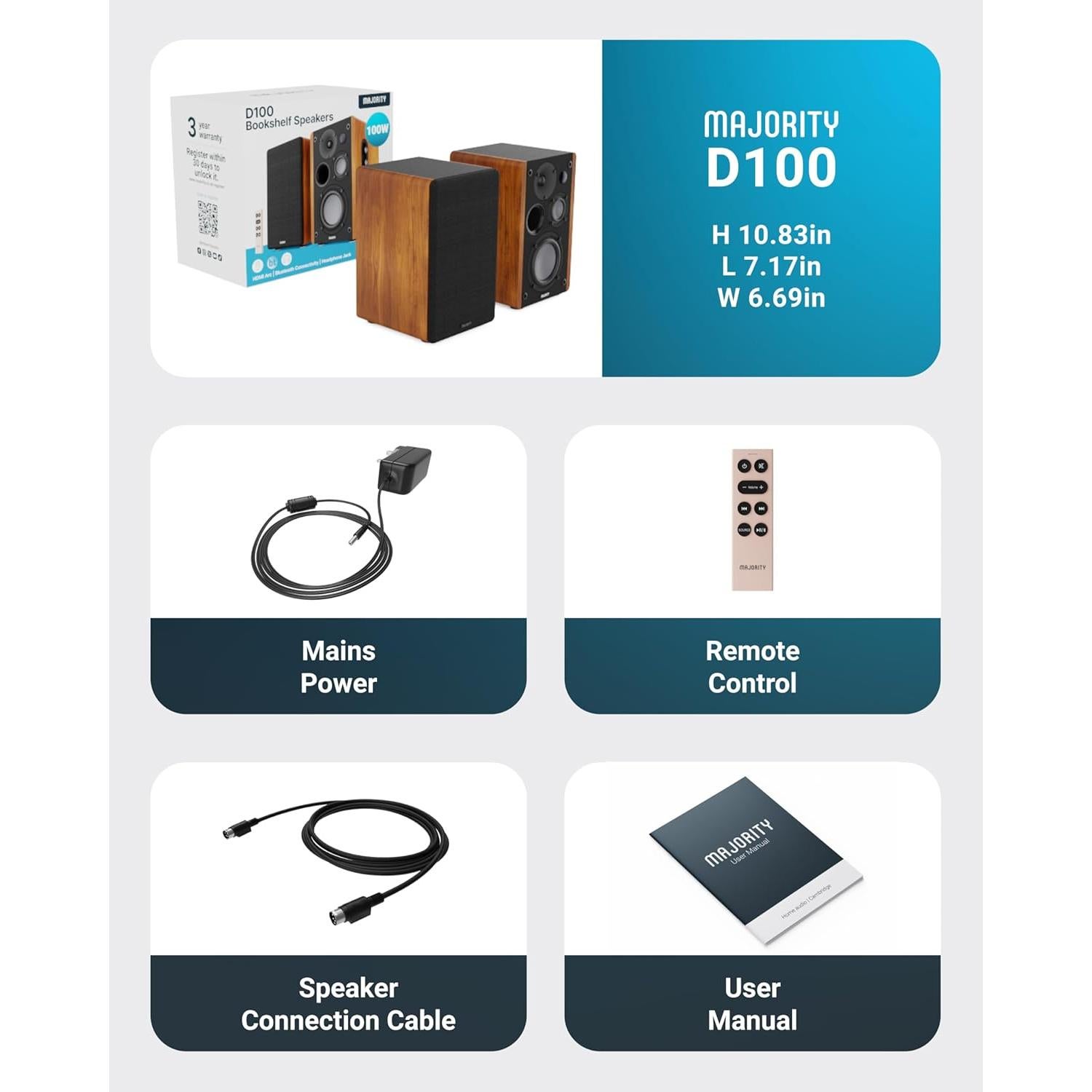 Altavoces de Estantería Majority D100 Activos 100W Bluetooth 5.3