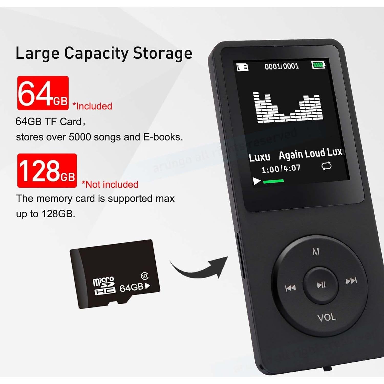 Reproductor MP3 Arungo 64GB con Altavoz y Auriculares