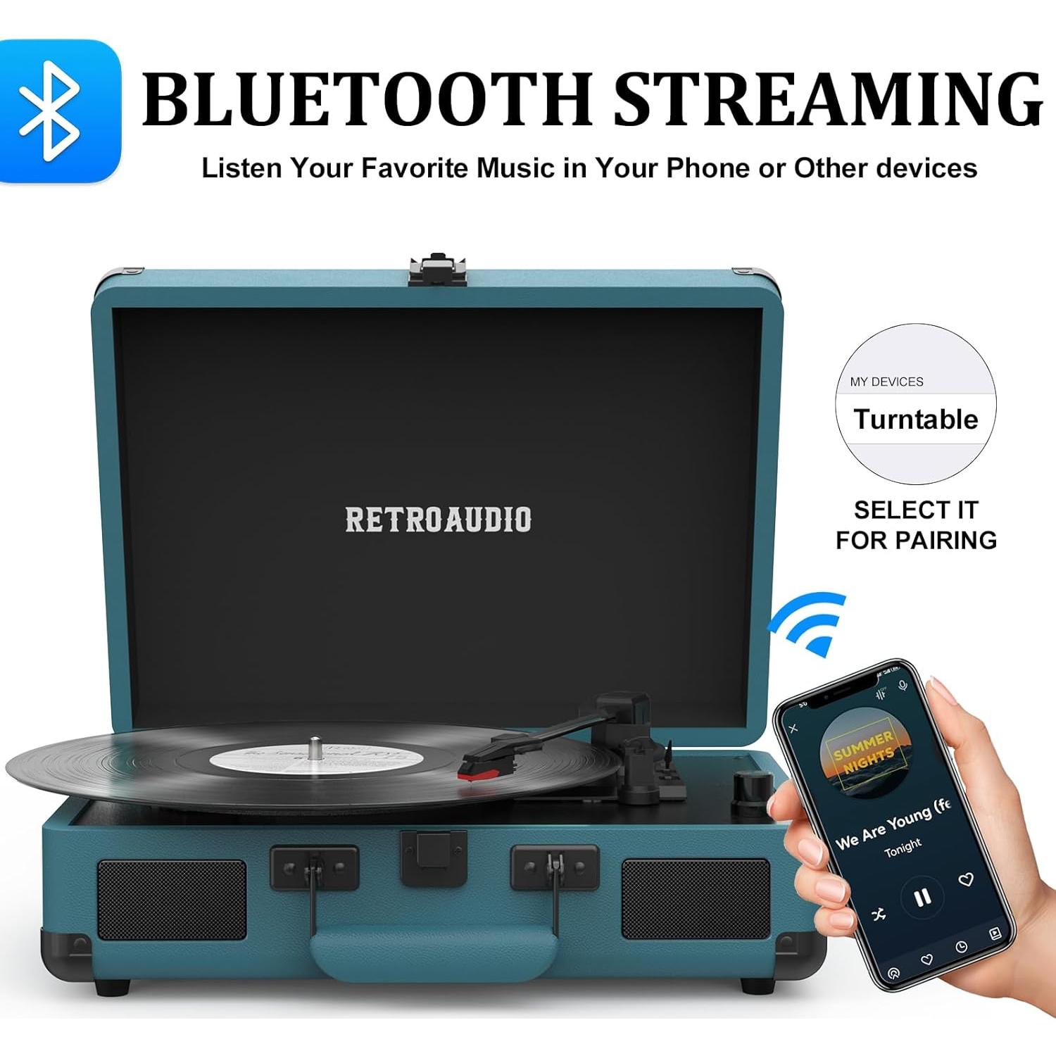 Reproductor de Vinilo RetroAudio Maletín Bluetooth 3 Velocidades