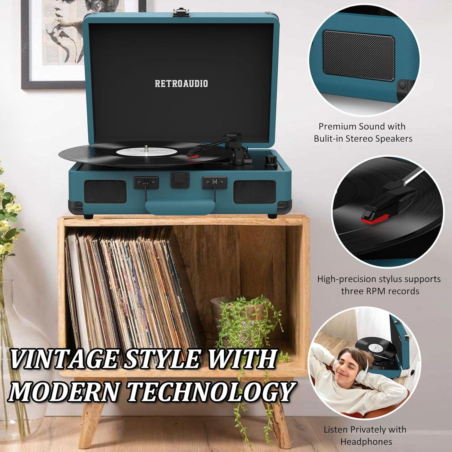 Reproductor de Vinilo RetroAudio Maletín Bluetooth 3 Velocidades