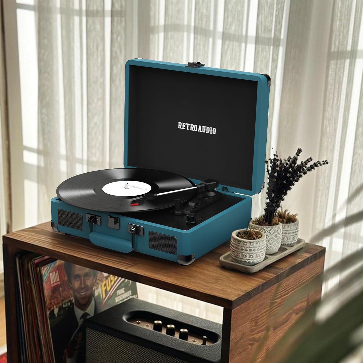 Reproductor de Vinilo RetroAudio Maletín Bluetooth 3 Velocidades